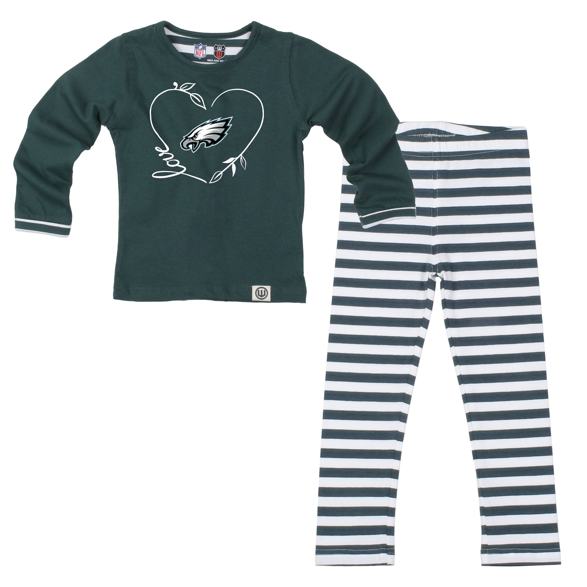 Ensemble Wes & Willy vert nuit pour petites filles, motif cœur et rayures des Eagles de Philadelphie