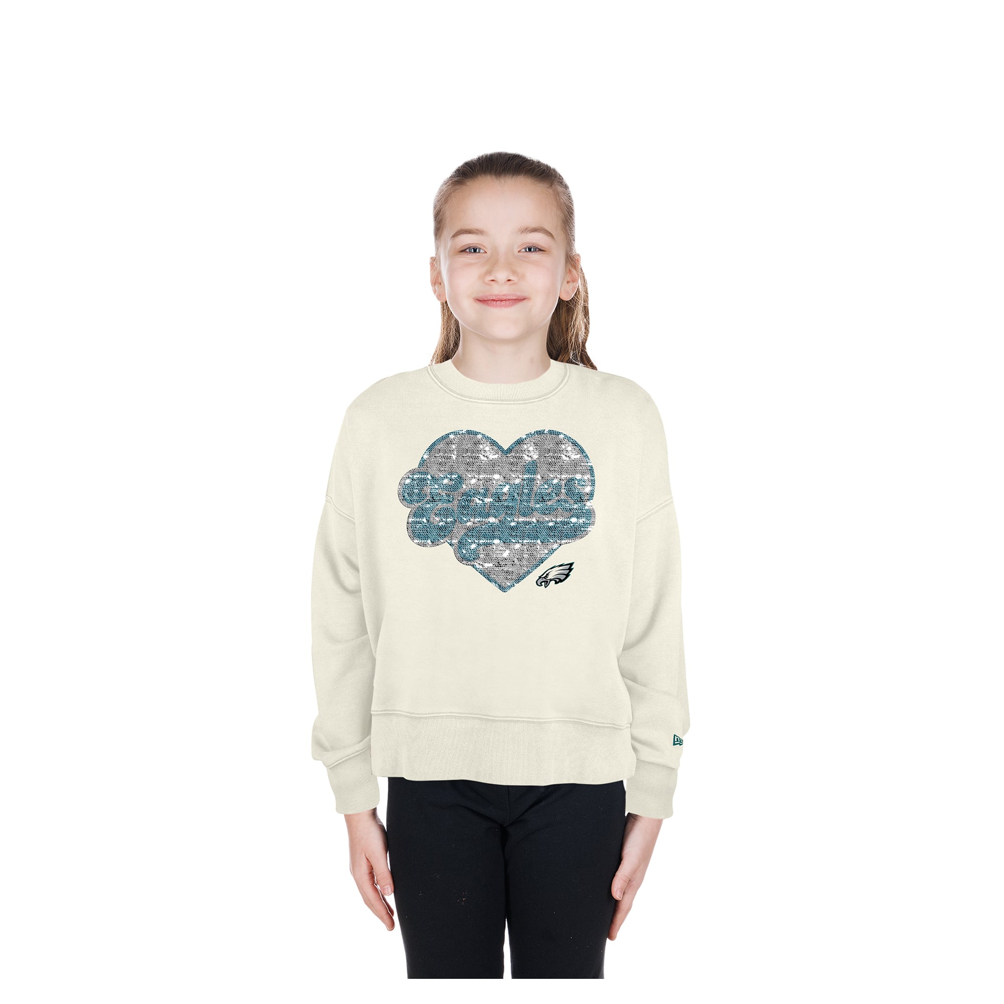 Girls Youth New Era  Light Beige Philadelphia Eagles Flip Sequin Crewneck Sweatshirt