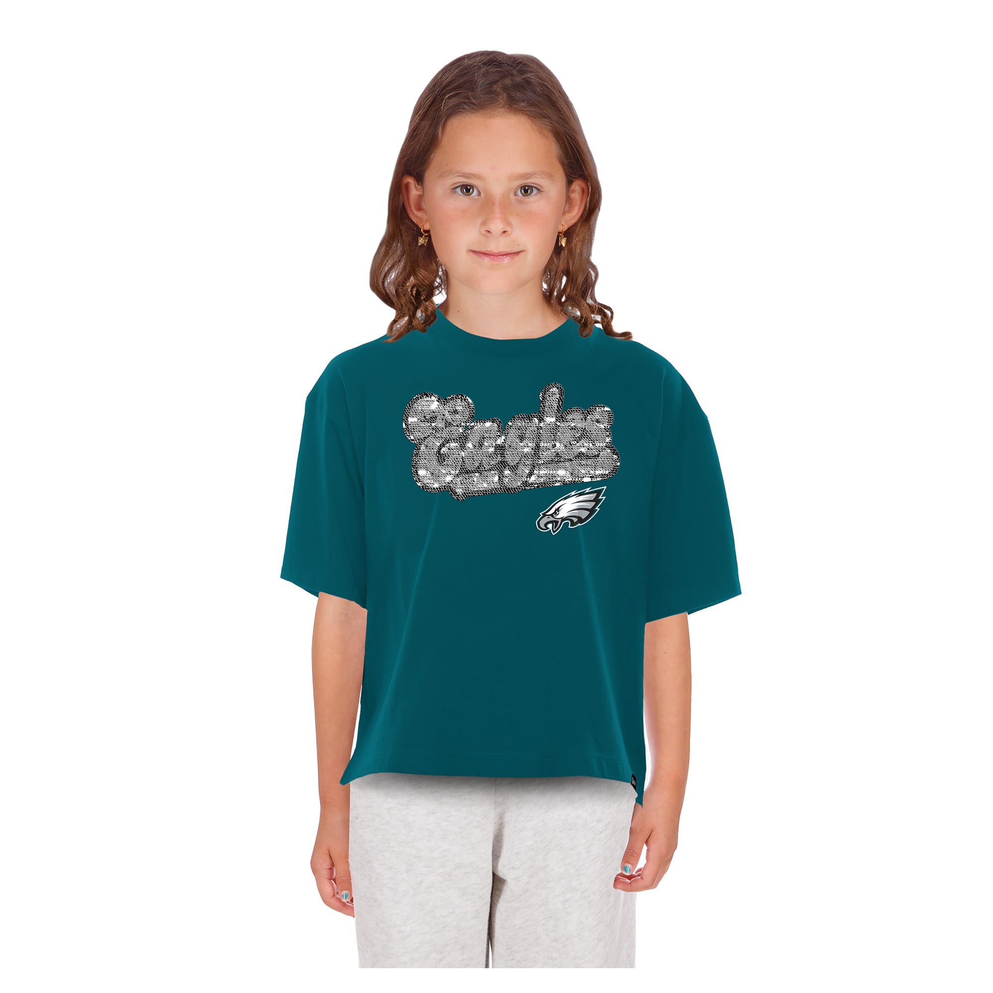 Girls Youth New Era Midnight Green Philadelphia Eagles Flip Sequin Boxy T-Shirt