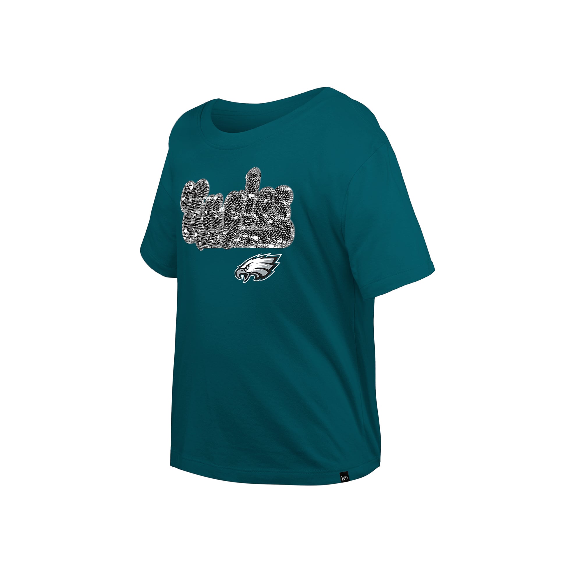 Girls Youth New Era Midnight Green Philadelphia Eagles Flip Sequin Boxy T-Shirt