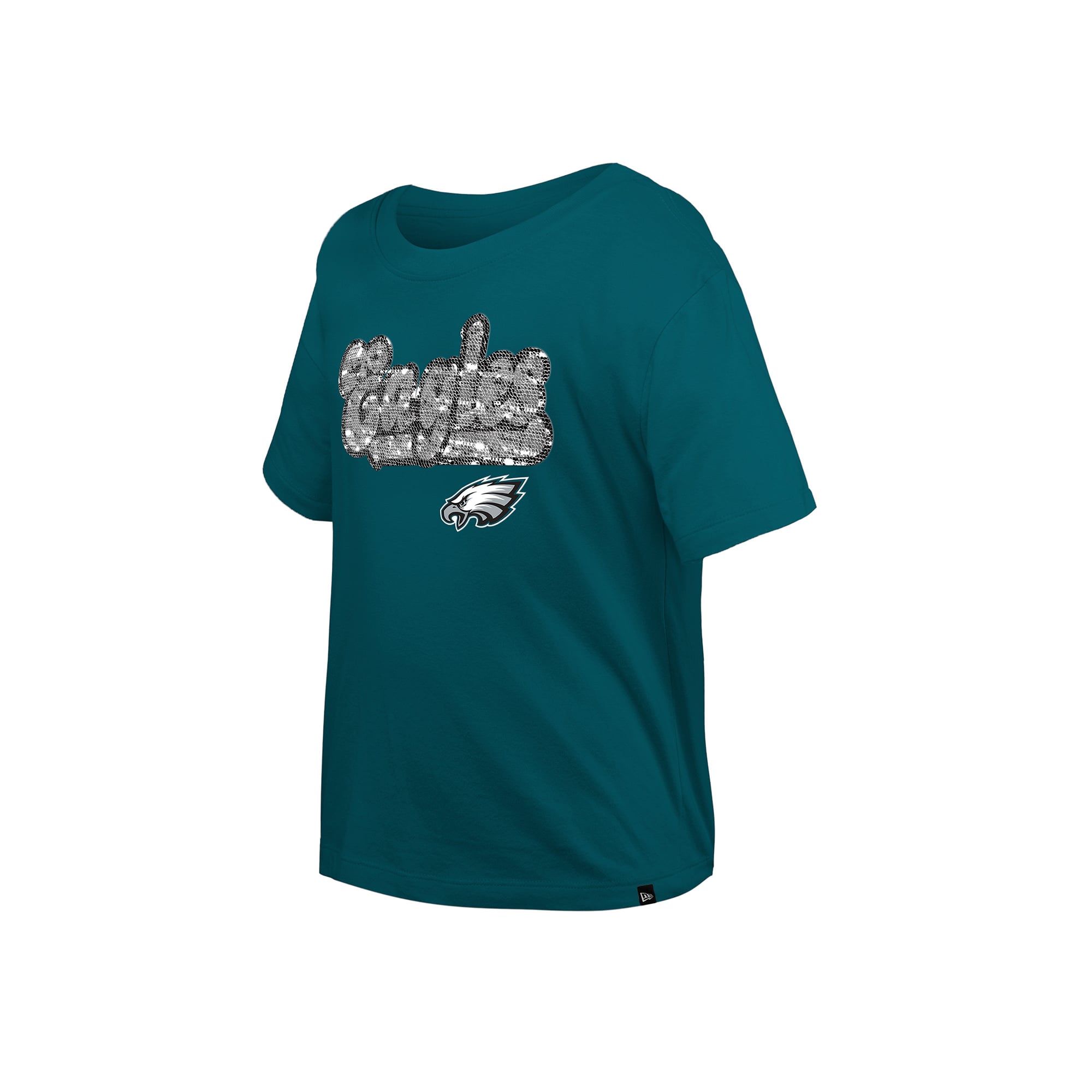 Girls Youth New Era Midnight Green Philadelphia Eagles Flip Sequin Boxy T-Shirt