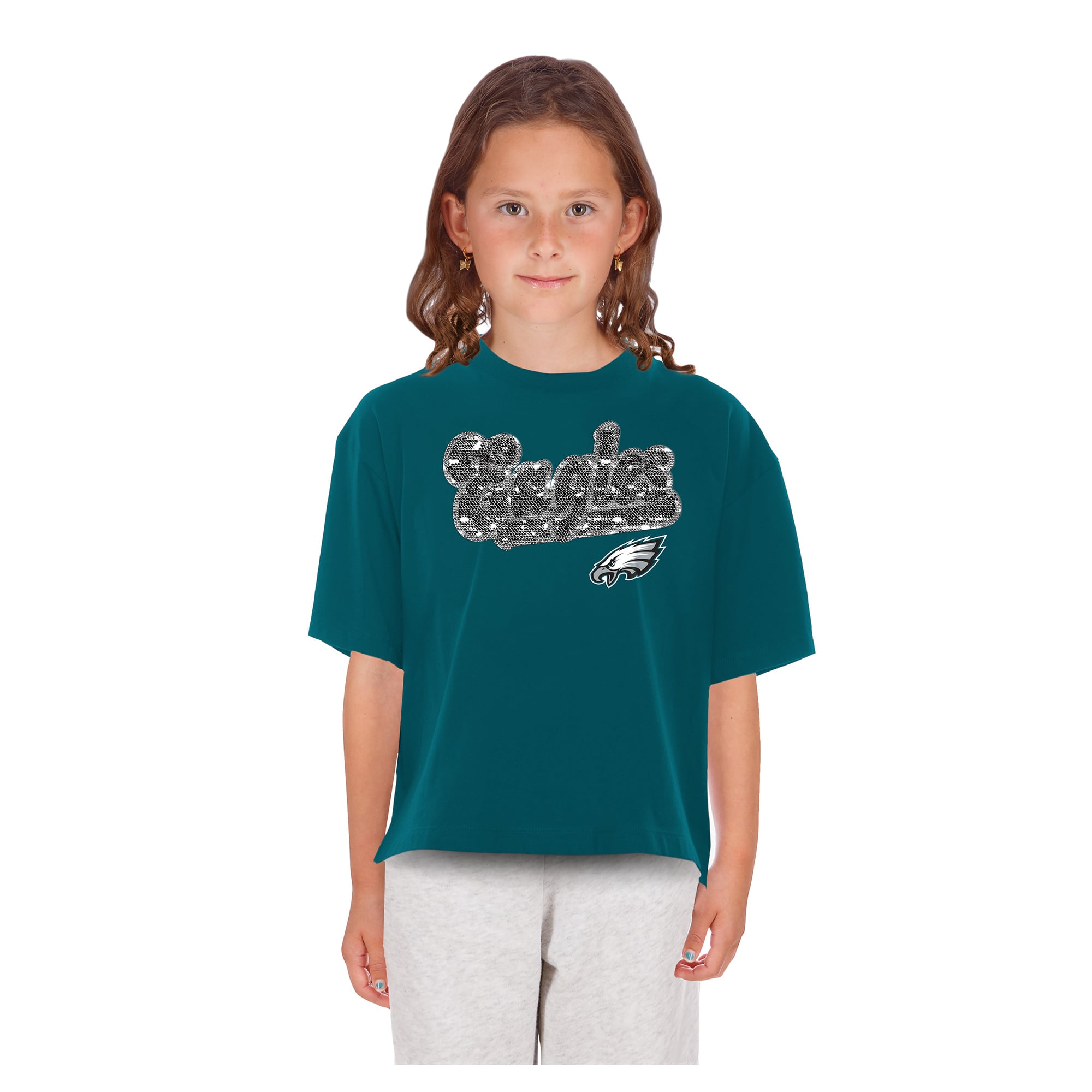 Girls Youth New Era  Midnight Green Philadelphia Eagles Flip Sequin Boxy T-Shirt