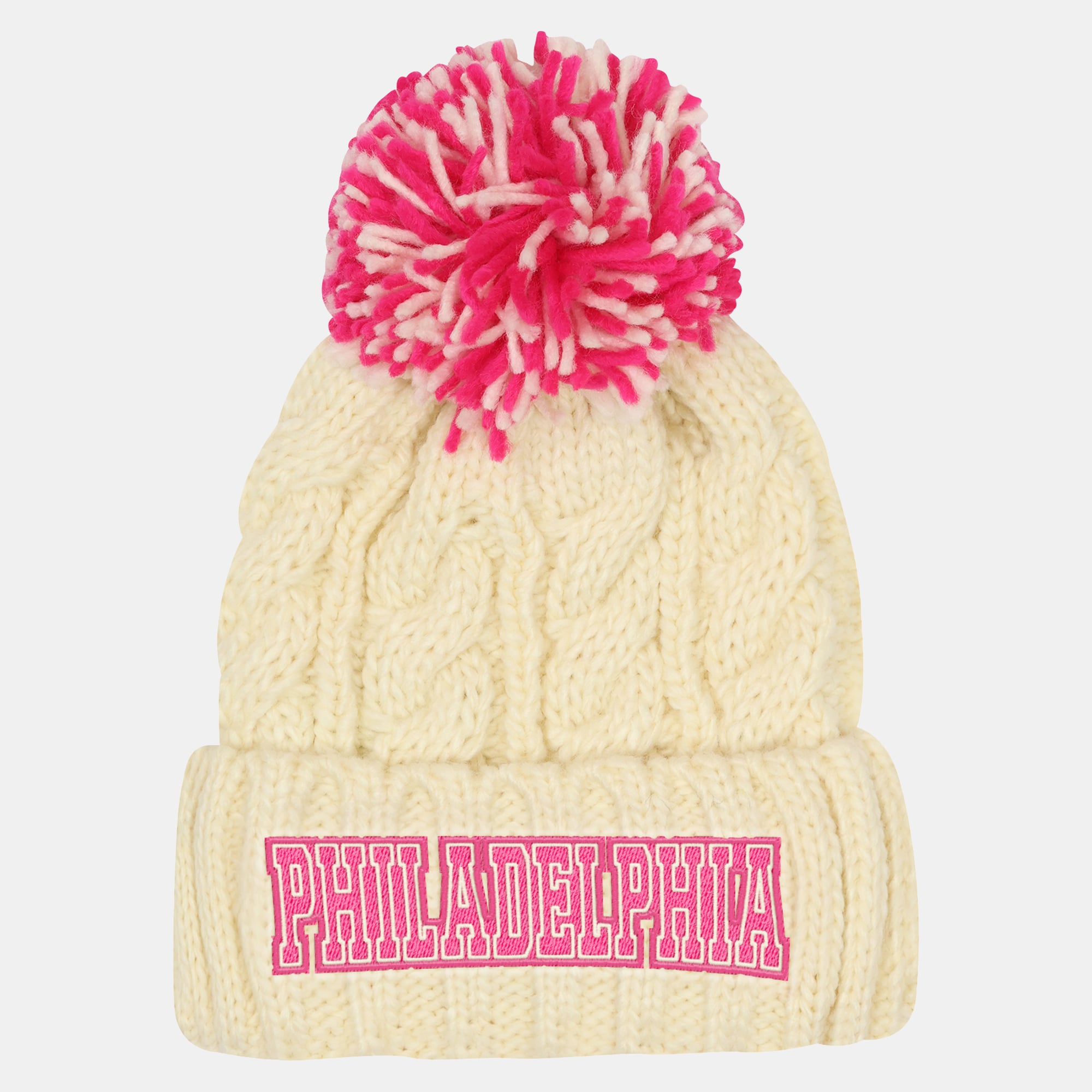 Girls Youth Outerstuff Cream Philadelphia Eagles Cable Cuffed Knit Hat with Pom