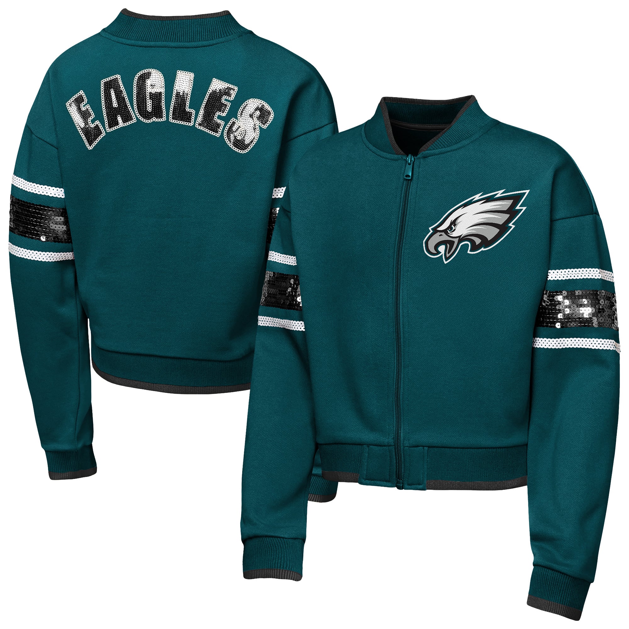 Girls Youth Outerstuff Midnight Green Philadelphia Eagles MVP Full-Zip Sequin Bomber Jacket