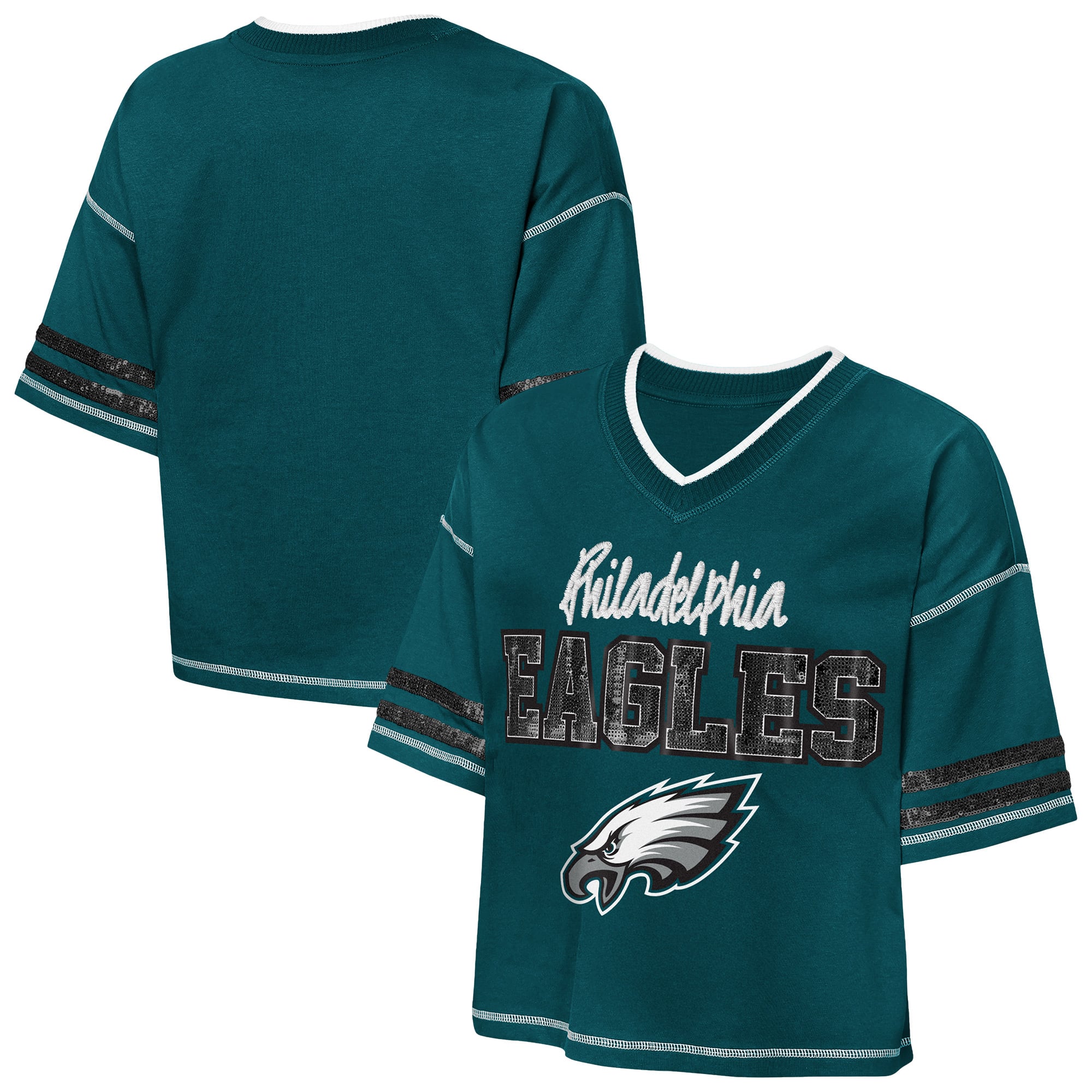Girls Youth Outerstuff Midnight Green Philadelphia Eagles Toe Tap Sequin T-Shirt