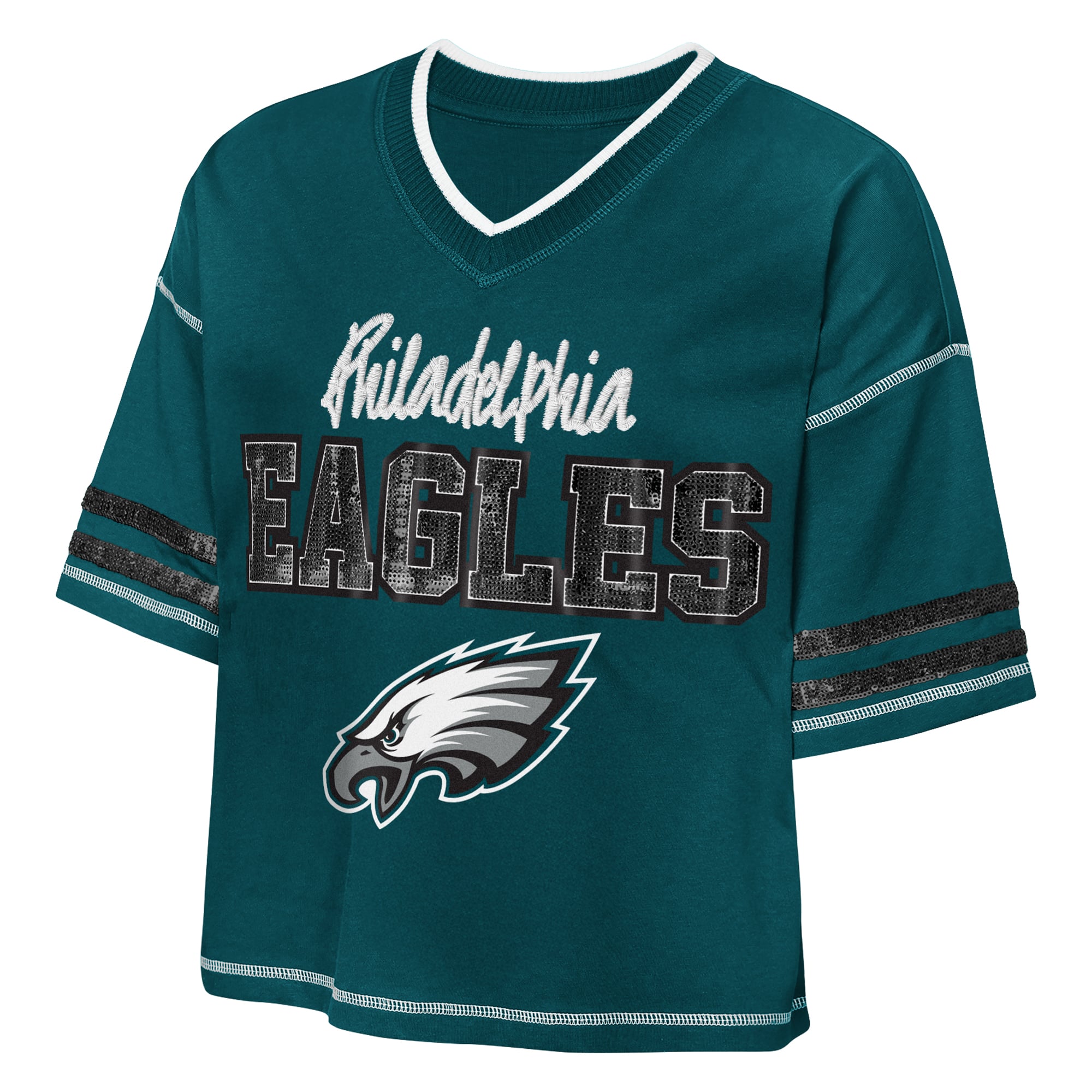 Girls Youth Outerstuff Midnight Green Philadelphia Eagles Toe Tap Sequin T-Shirt
