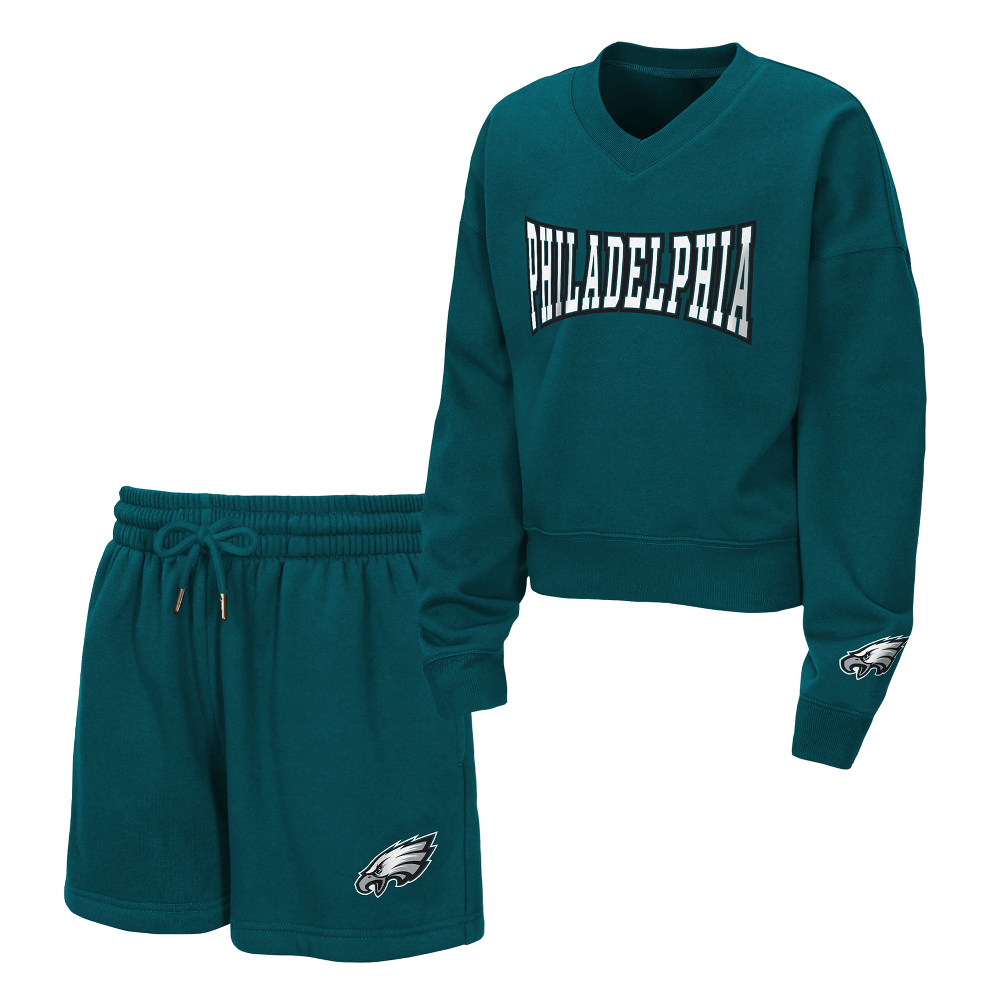 Ensemble sweat-shirt à col en V et short polaire vert nuit Philadelphia Eagles Red Zone pour jeunes filles WEAR by Erin Andrews