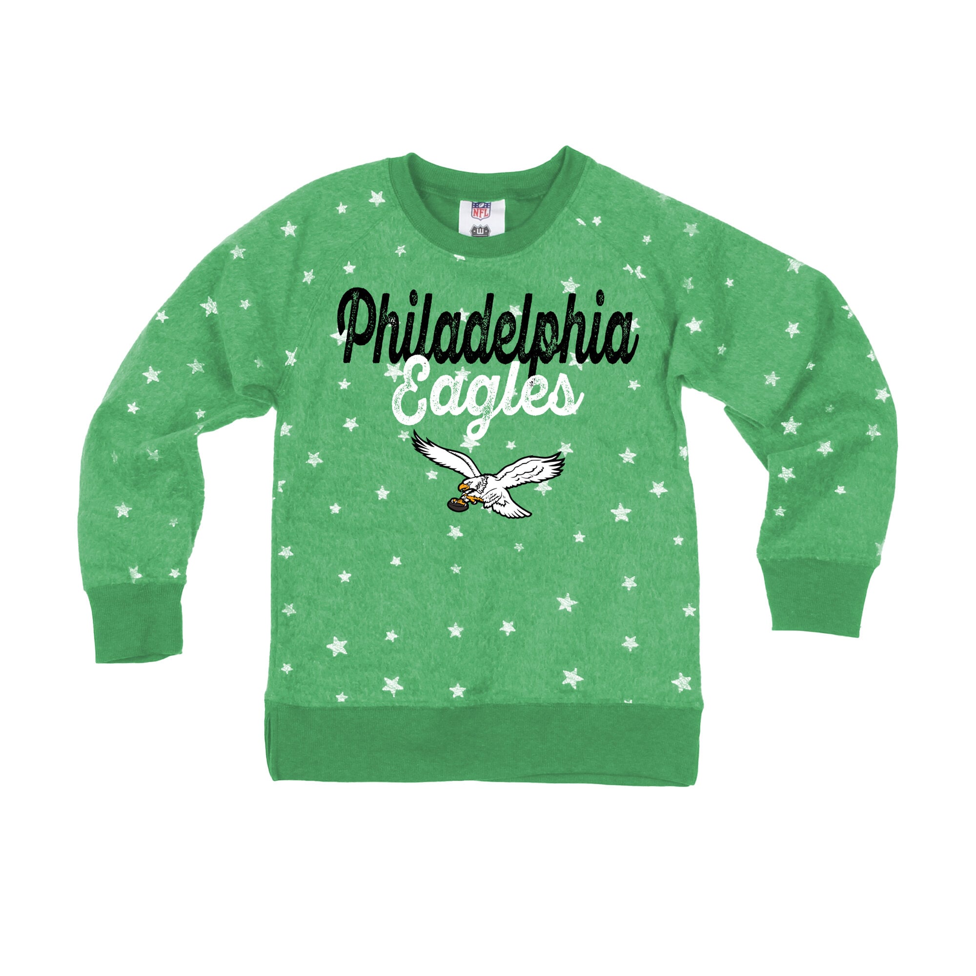 Girls Youth Wes & Willy  Kelly Green Philadelphia Eagles Shimmer Star Reverse Sweatshirt