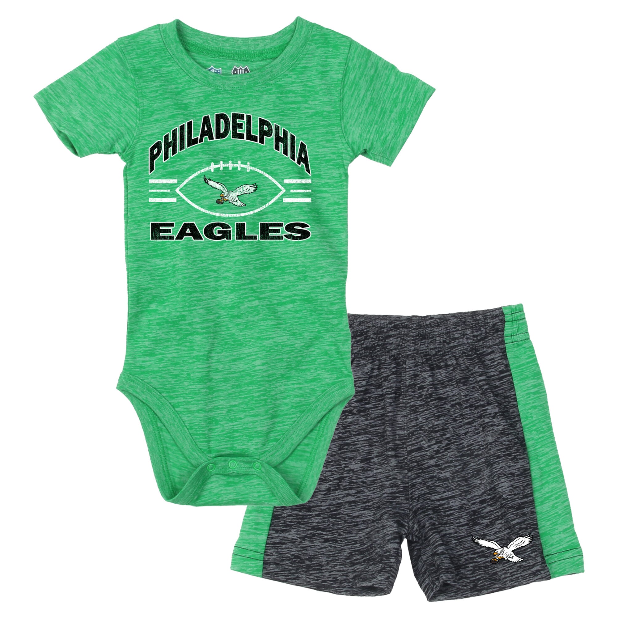Infant Wes & Willy Kelly Green/Black Philadelphia Eagles Cloudy Yard Hopper Bodysuit Shorts Set