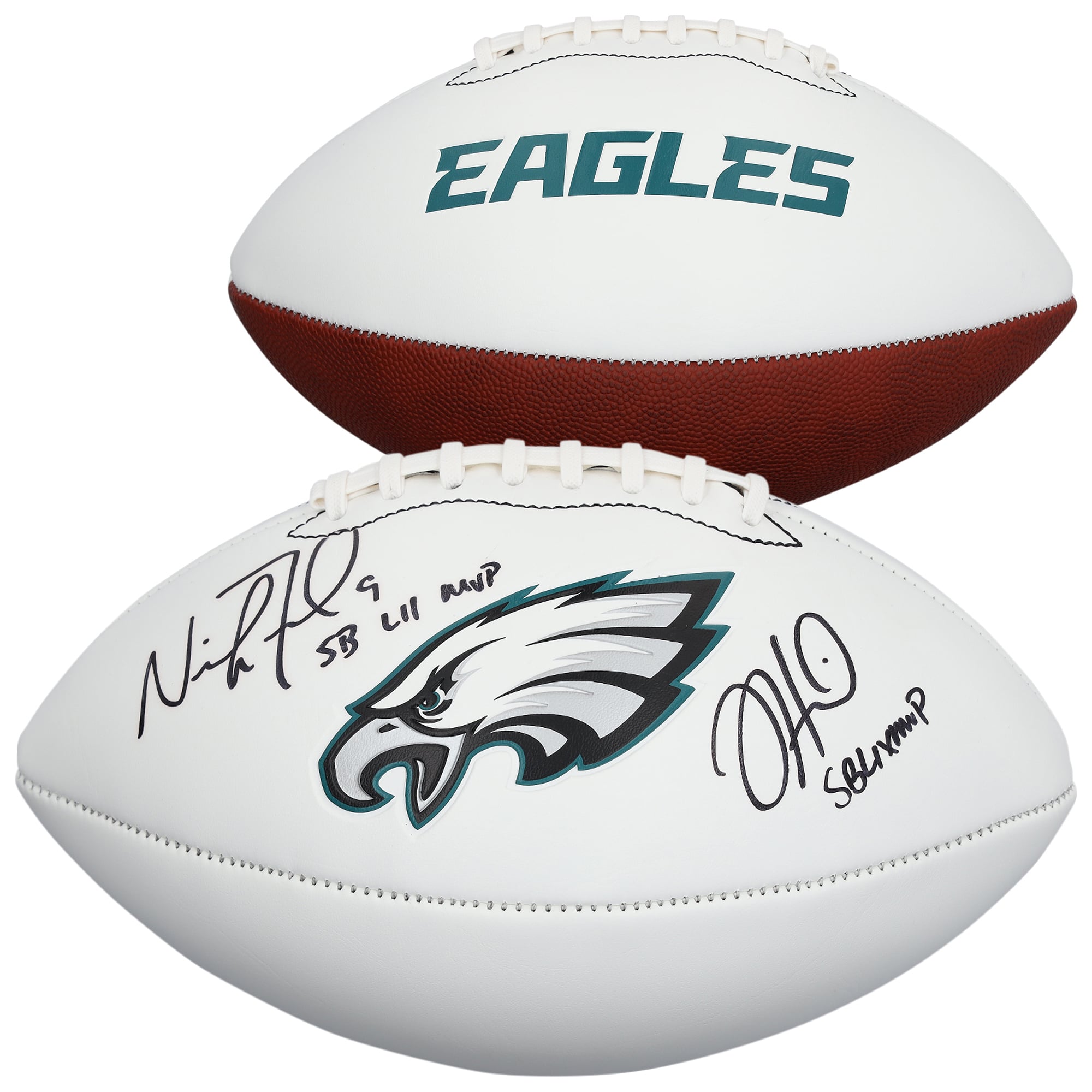 Ballon de football américain Franklin White Panel autographié par Jalen Hurts et Nick Foles des Eagles de Philadelphie, avec de multiples inscriptions.