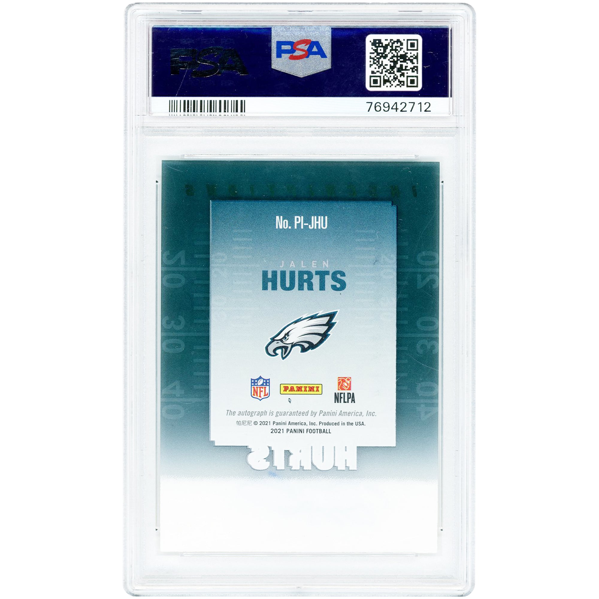 Jalen Hurts Philadelphia Eagles Autographed 2022 Panini Zenith Pinnacle Inscriptions #PI-JHU #27/50 PSA Authenticated 9 Card