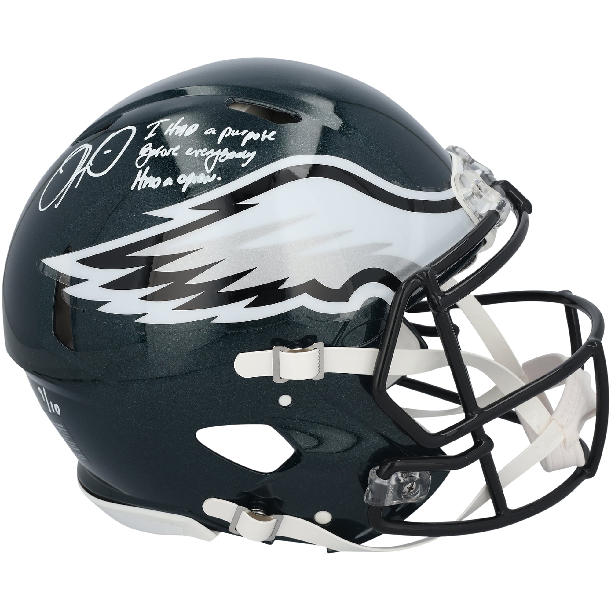 Casque Riddell Speed ​​Authentic autographié par Jalen Hurts (Philadelphia Eagles) avec inscription - Édition limitée à 10 exemplaires