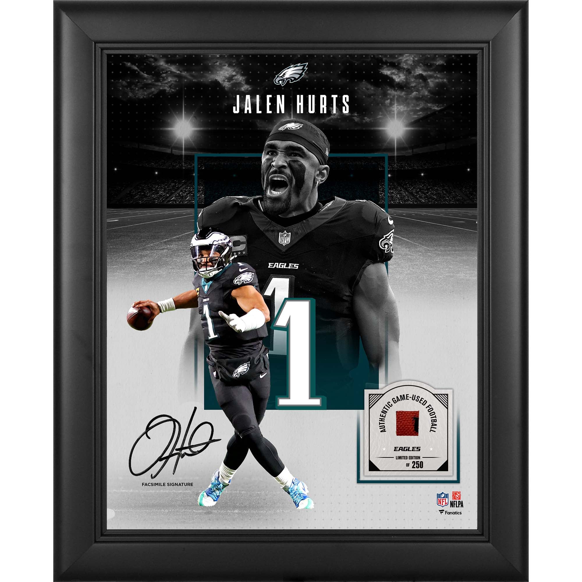 Jalen Hurts Philadelphia Eagles Facsimile Signature Framed 11" x 14" Showcase Collage with a Piece of Game-Used Football - Limited Edition of 250
