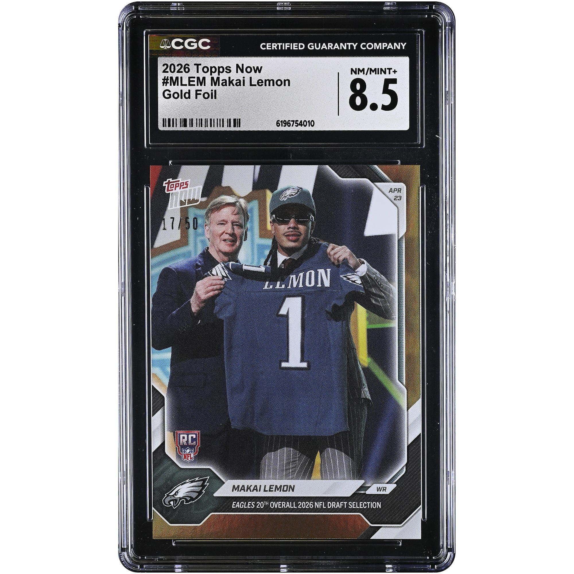 Makai Lemon Philadelphia Eagles 2026 Topps Now Eagles 20th Overall '26 NFL Draft Selection Gold Foil #MLEM #/50 CGC Authenticated 8.5 Rookie Card