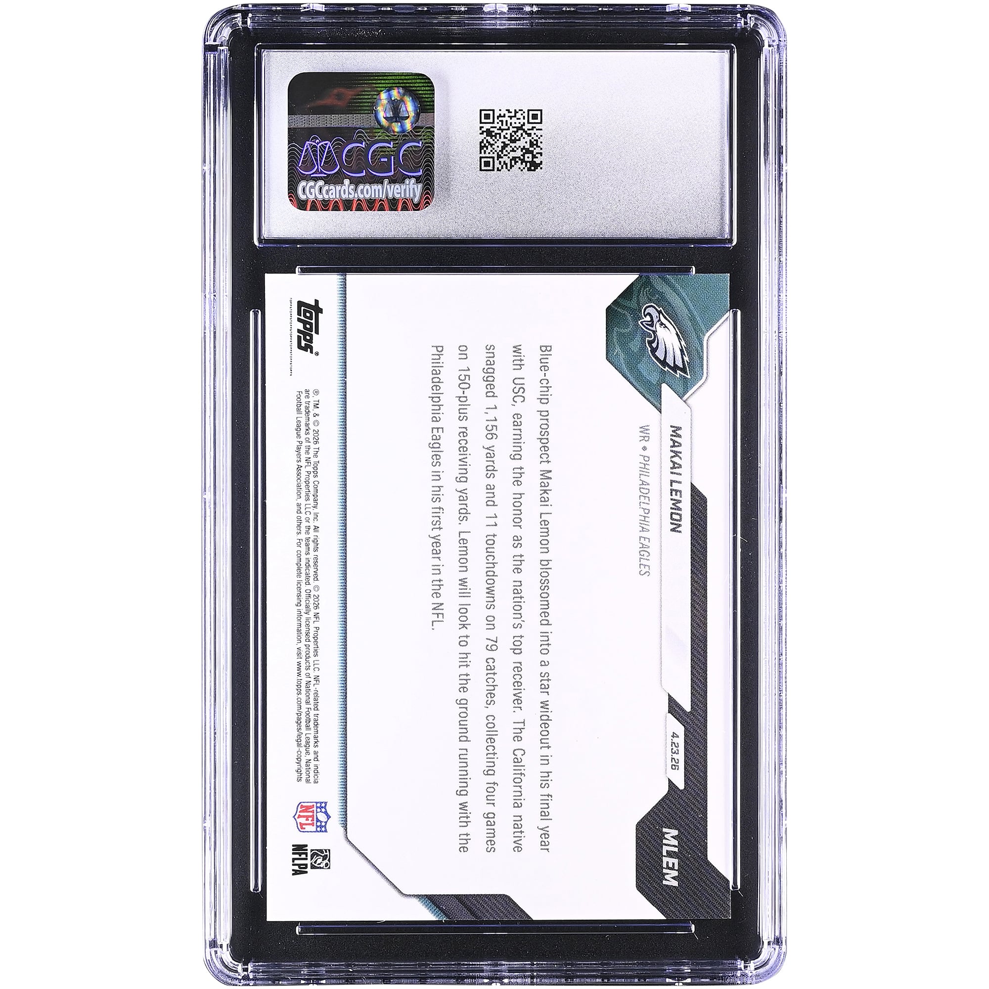 Makai Lemon Philadelphia Eagles 2026 Topps Now Eagles 20th Overall '26 NFL Draft Selection #MLEM CGC Authenticated GEM MINT 10 Rookie Card