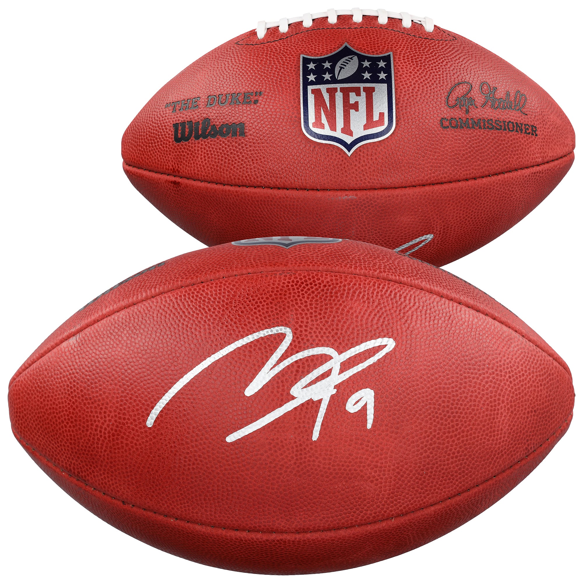 Ballon de football américain Duke en couleur, autographié par Makai Lemon, joueur des Eagles de Philadelphie.