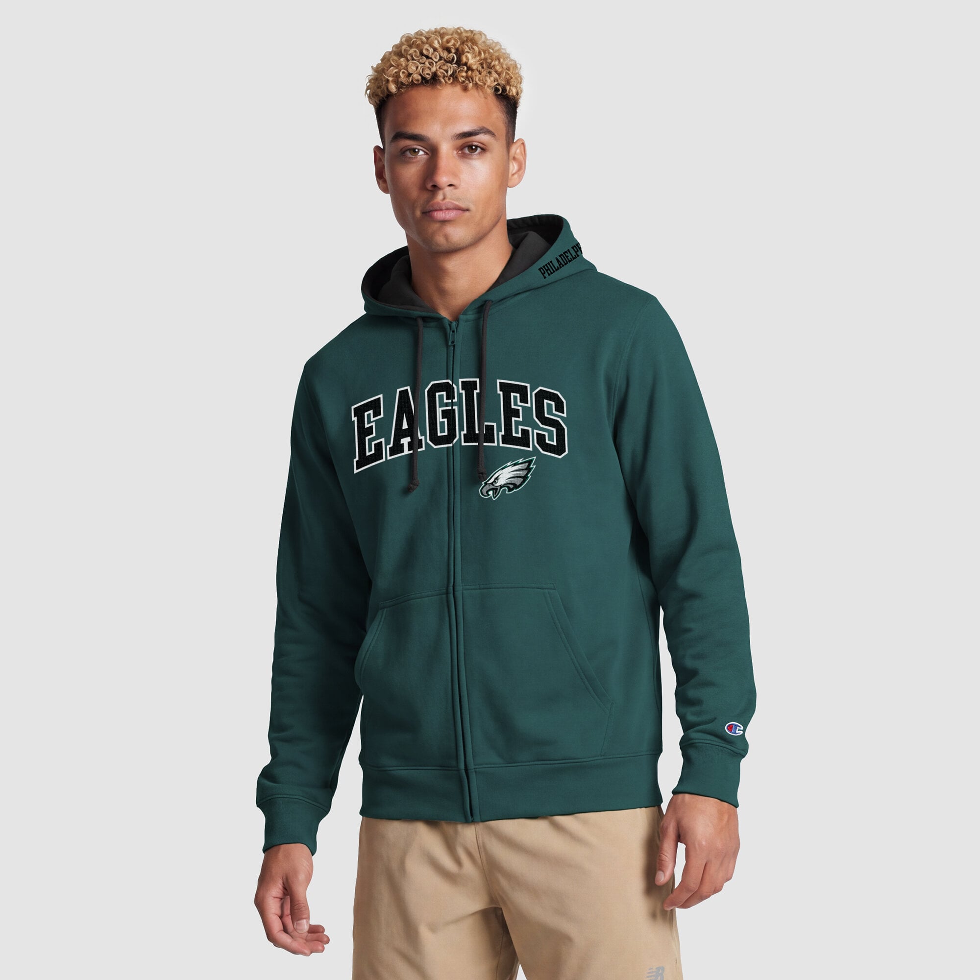Sweat à capuche zippé Champion vert nuit/noir Philadelphia Eagles pour homme