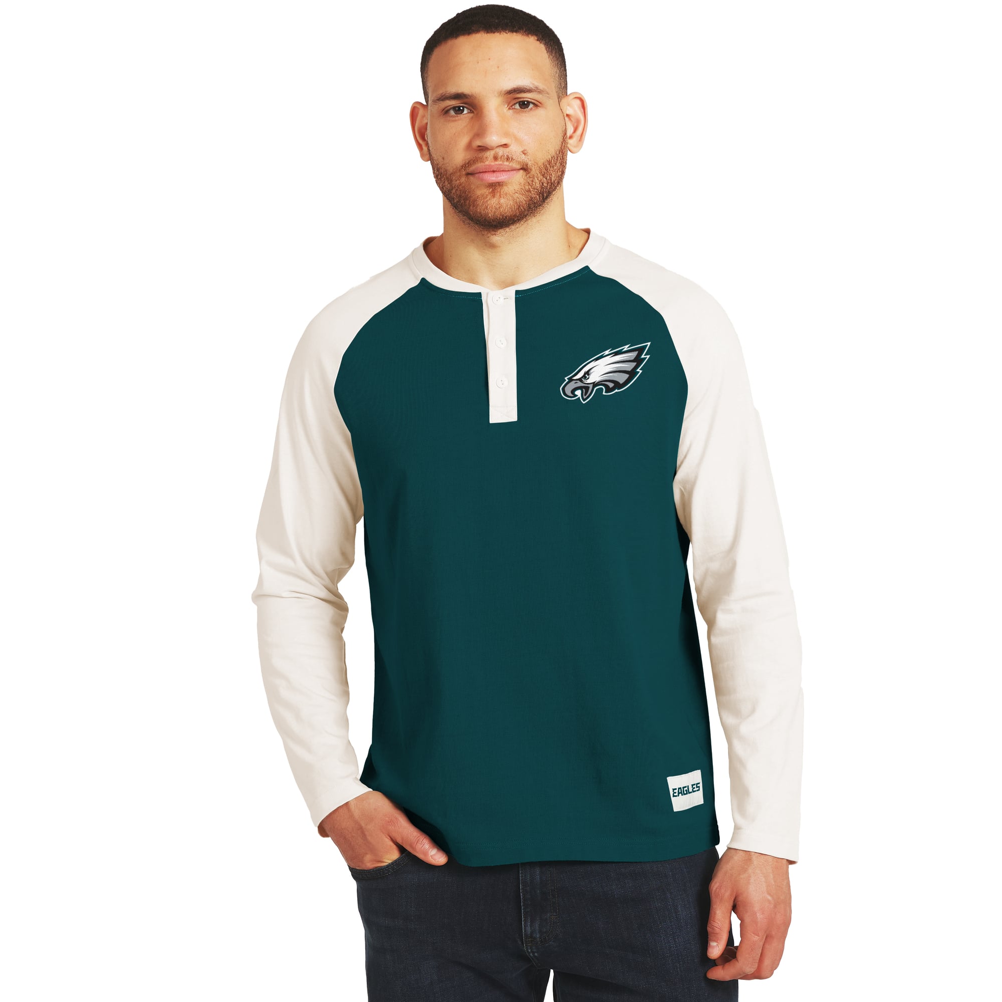 Collection Darius Rucker pour homme par Fanatics, T-shirt Henley à manches longues vert nuit/crème des Eagles de Philadelphie