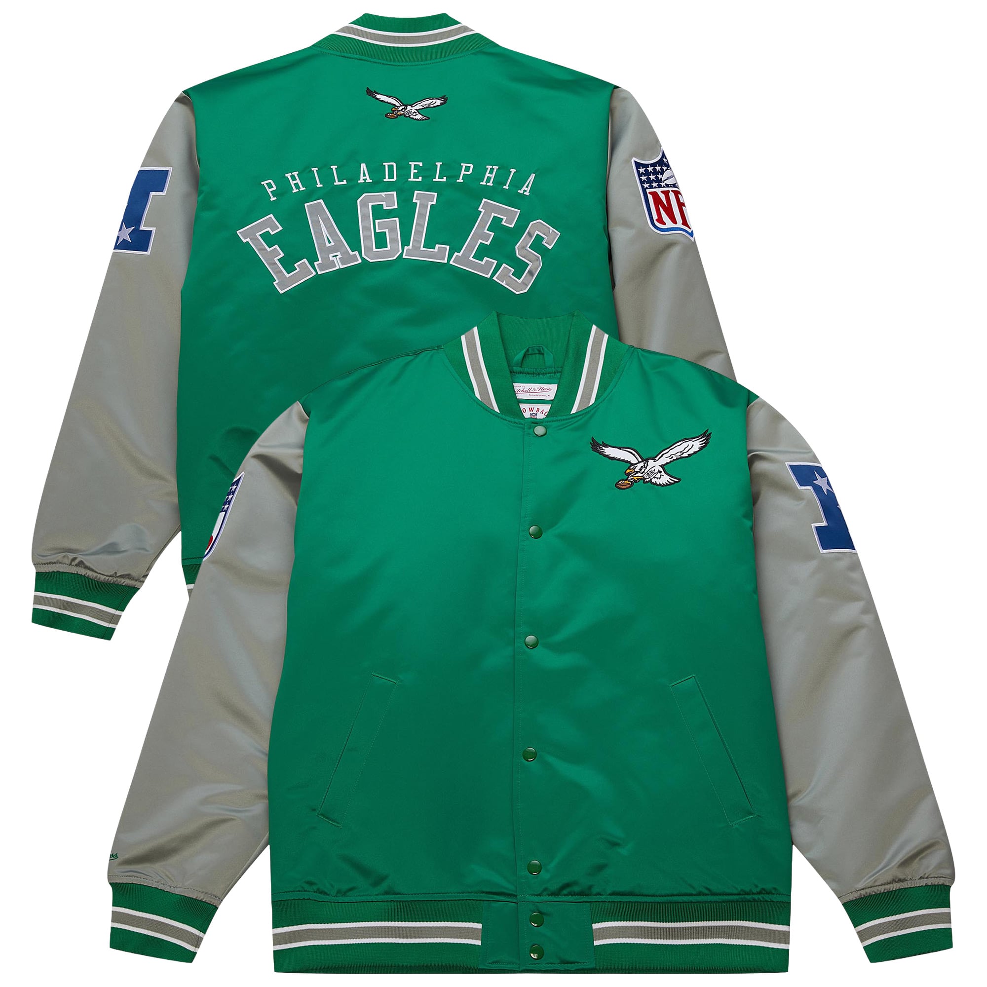 Veste Mitchell & Ness Kelly Green/Silver Philadelphia Eagles pour homme, grandes tailles, en satin épais à boutons-pression.