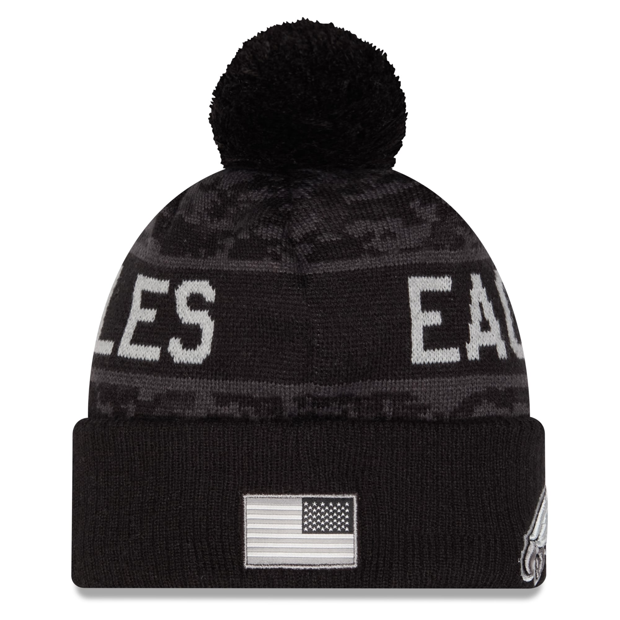 Bonnet à revers New Era noir Philadelphia Eagles 2026 Salute To Service pour homme, avec pompon