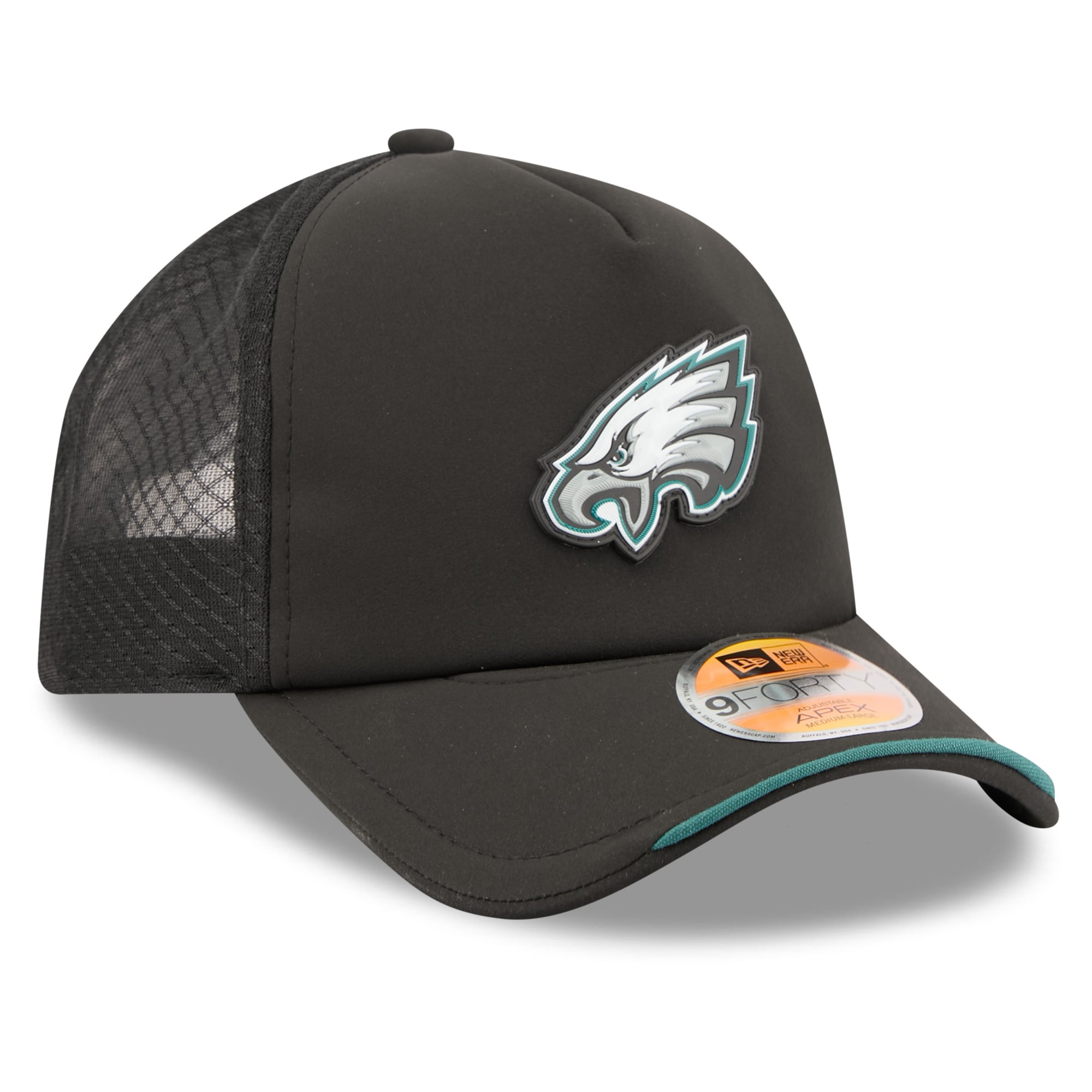 Casquette trucker ajustable New Era noire Philadelphia Eagles 2026 Sideline Apex 9FORTY pour homme