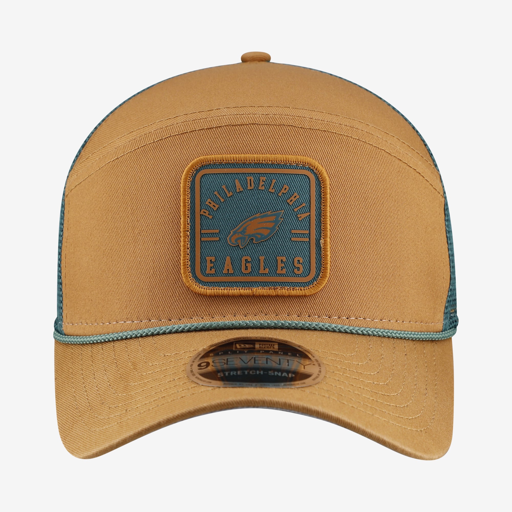 Men's New Era Brown/Midnight Green Philadelphia Eagles Team Patch Split Panel 9SEVENTY Adjustable Trucker Hat