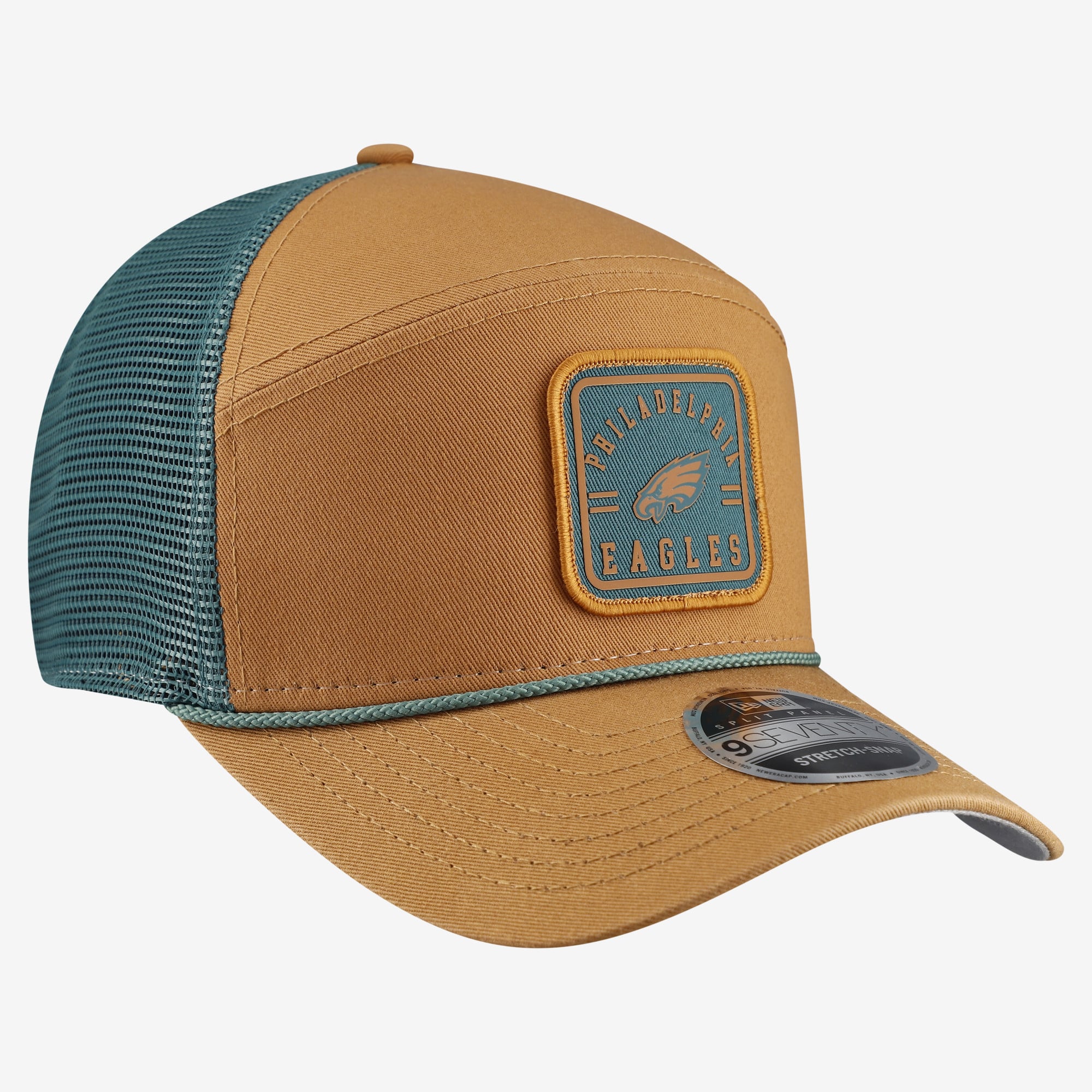 Men's New Era Brown/Midnight Green Philadelphia Eagles Team Patch Split Panel 9SEVENTY Adjustable Trucker Hat