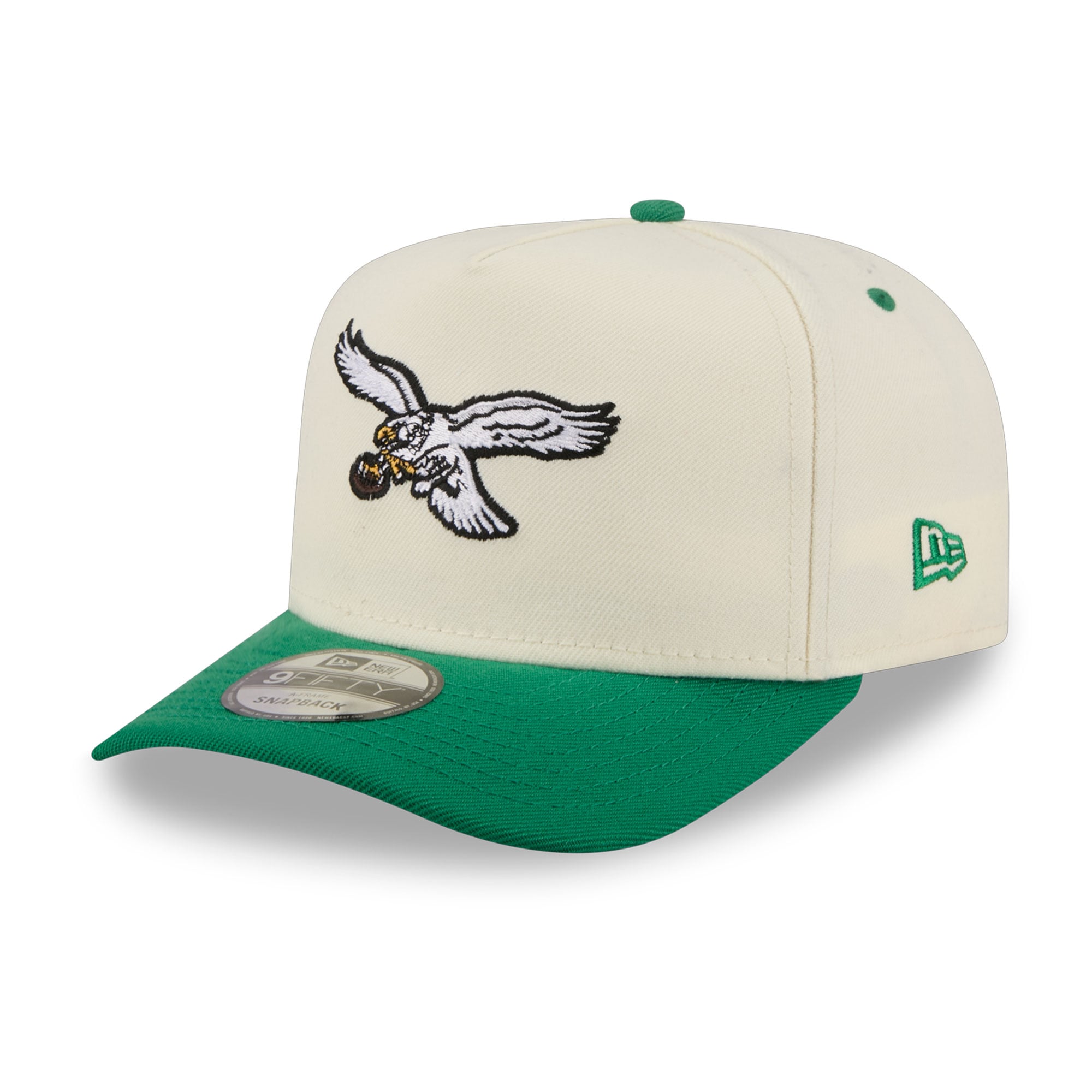 Men's New Era Cream/Kelly Green Philadelphia Eagles Rear Wordmark A-Frame 9FIFTY Snapback Hat