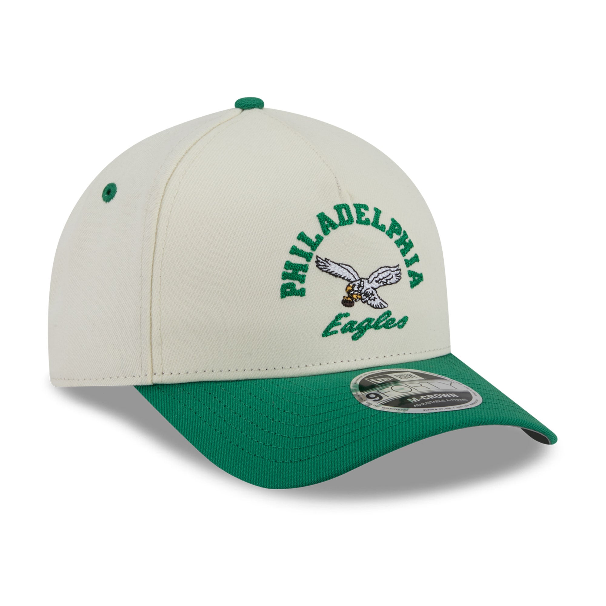 Casquette New Era pour homme, crème/vert Kelly, Philadelphia Eagles Throwback Arch 9FORTY, modèle A-Frame M-Crown, ajustable