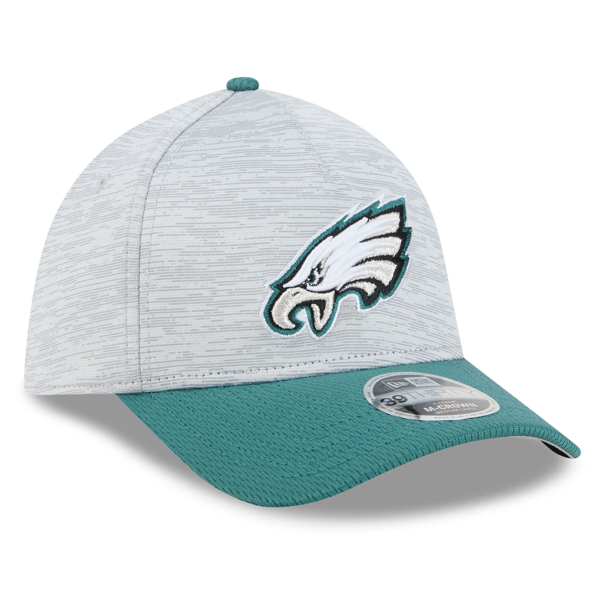 Men's New Era Gray/Midnight Green Philadelphia Eagles Tech M-Crown A-Frame 39THIRTY Flex Hat