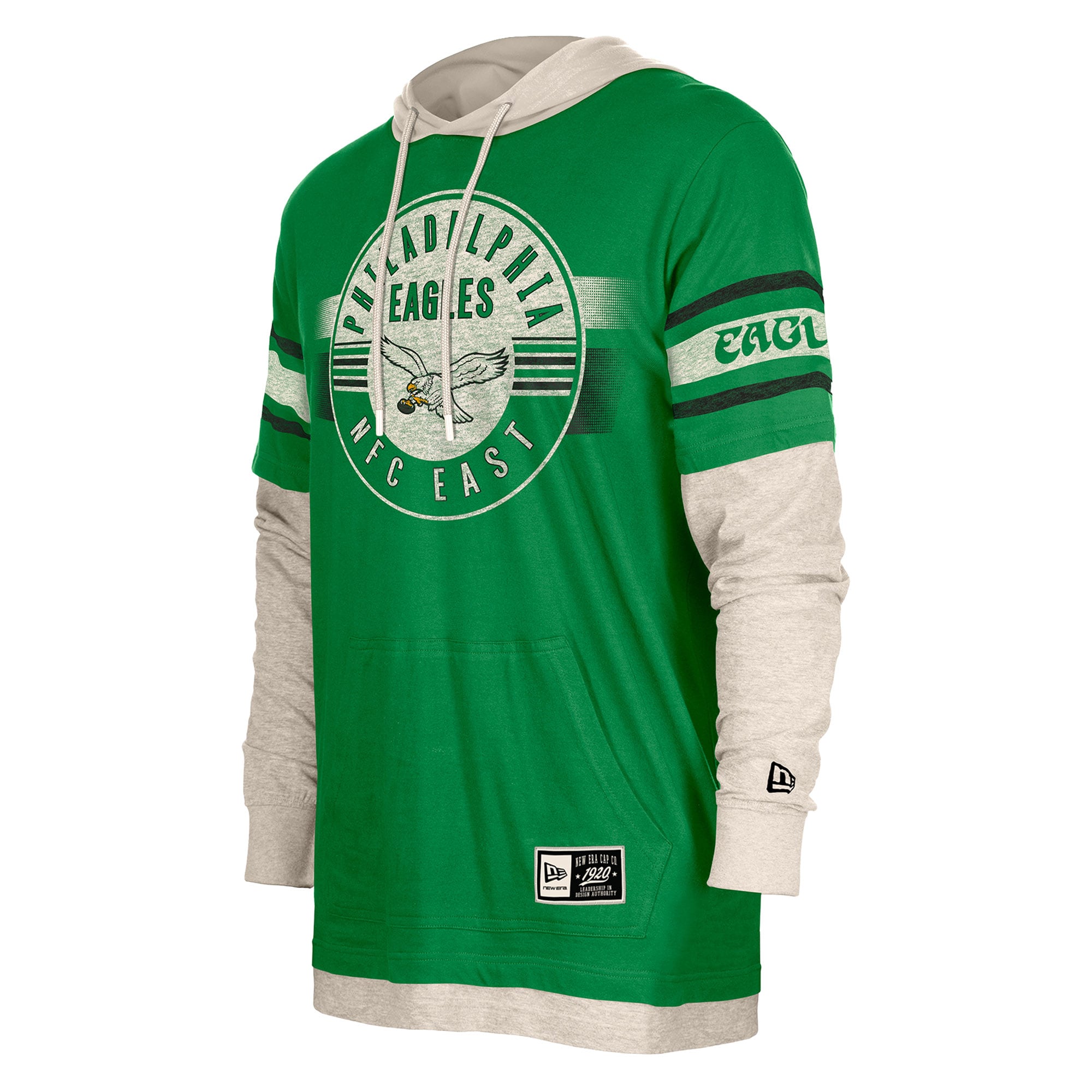 Men's New Era Kelly Green Philadelphia Eagles Twofer Layered Long Sleeve Hooded T-Shirt