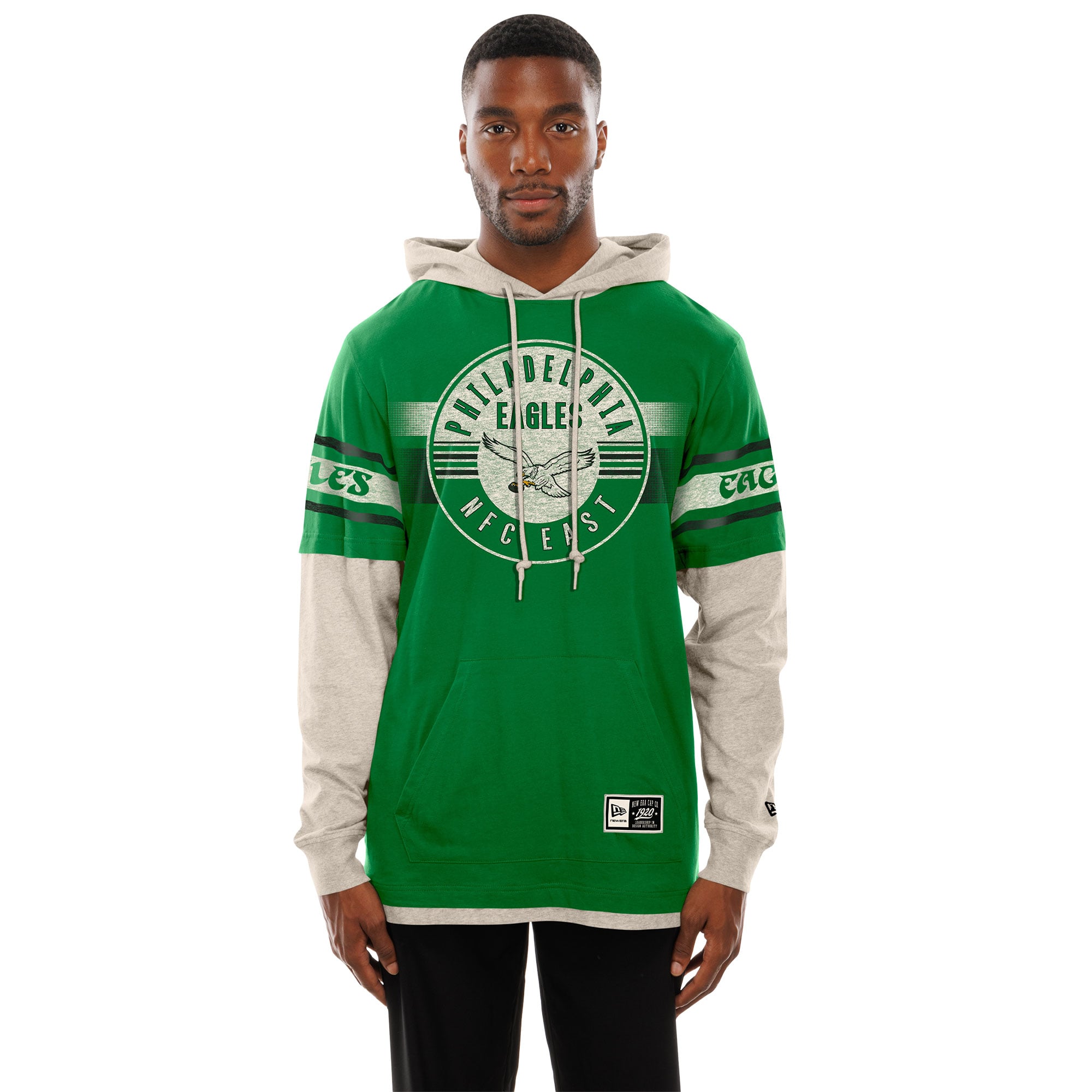 Men's New Era Kelly Green Philadelphia Eagles Twofer Layered Long Sleeve Hooded T-Shirt