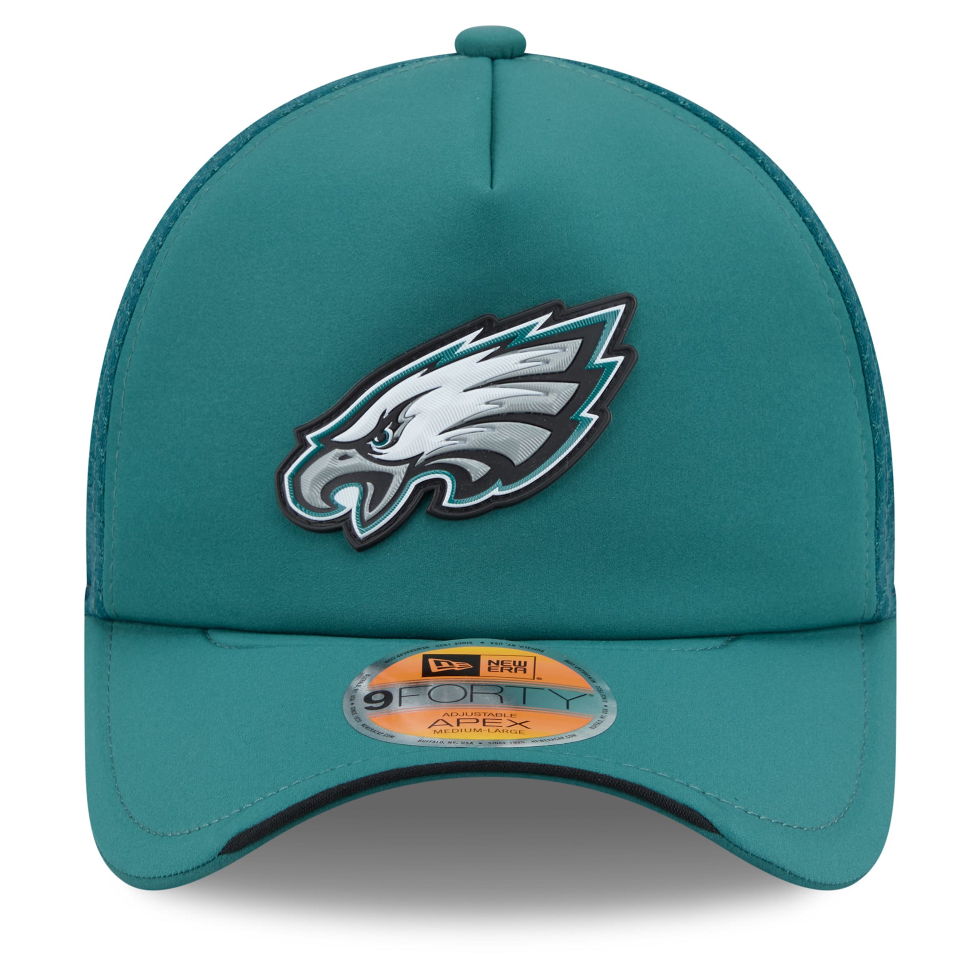 Men's New Era Midnight Green Philadelphia Eagles 2026 Sideline Apex 9FORTY Adjustable Trucker Hat