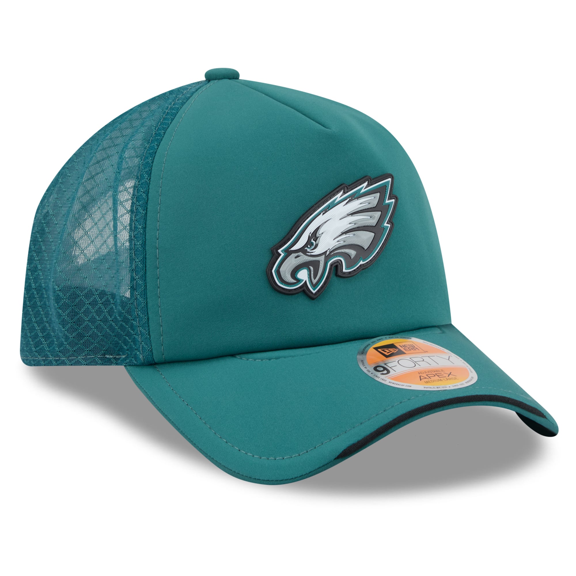 Men's New Era Midnight Green Philadelphia Eagles 2026 Sideline Apex 9FORTY Adjustable Trucker Hat