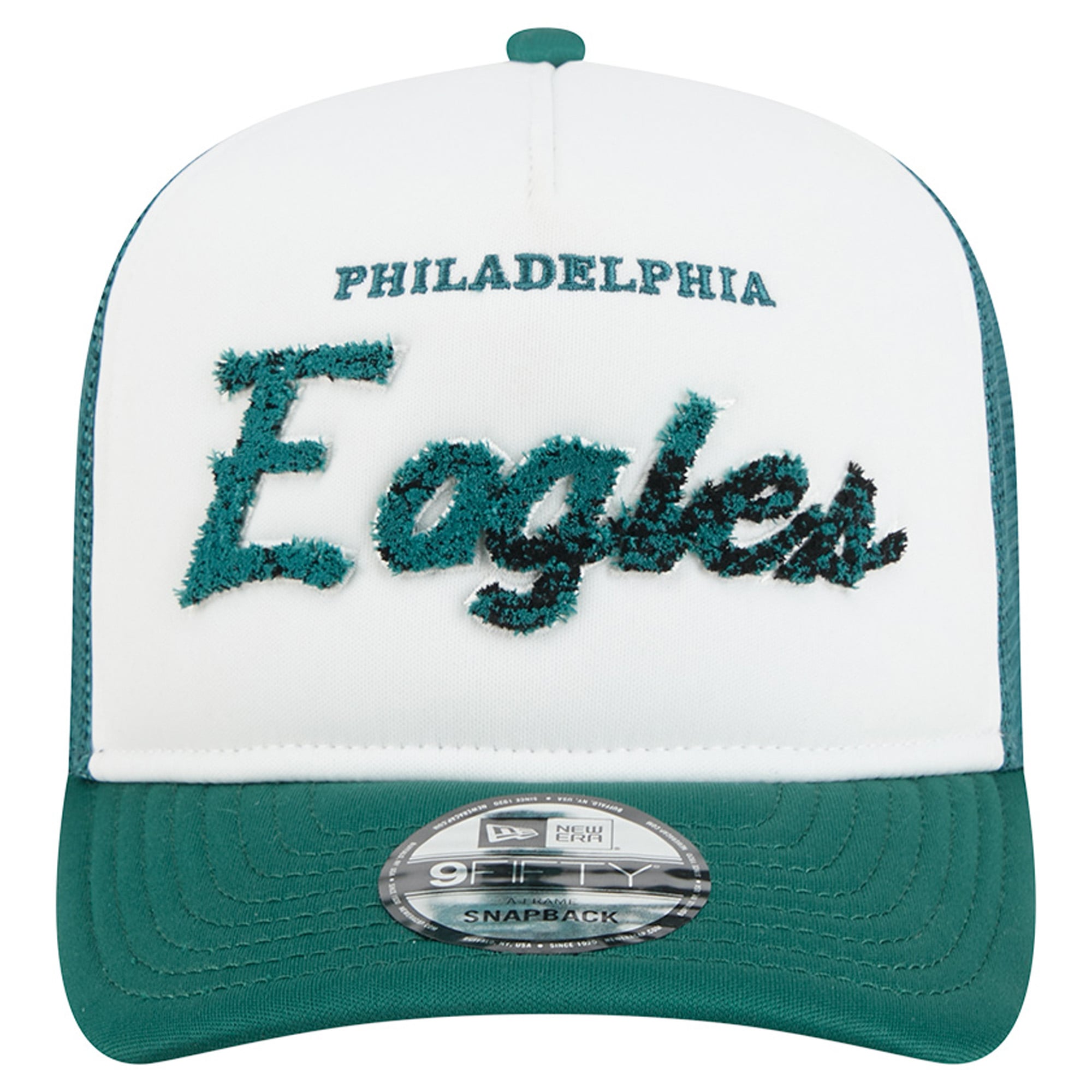 Men's New Era White/Midnight Green Philadelphia Eagles Foam A-Frame 9FIFTY Snapback Trucker Hat
