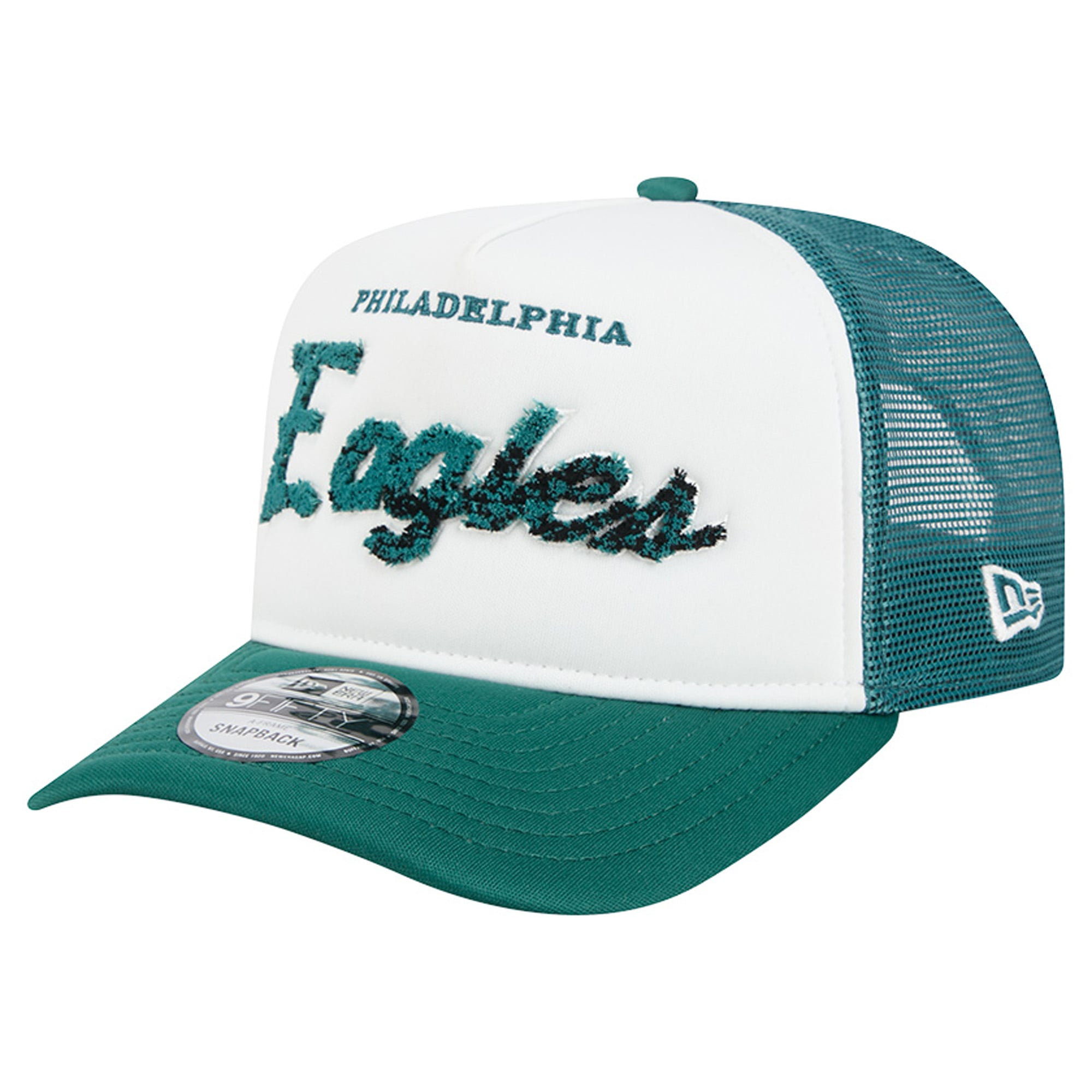 Men's New Era White/Midnight Green Philadelphia Eagles Foam A-Frame 9FIFTY Snapback Trucker Hat