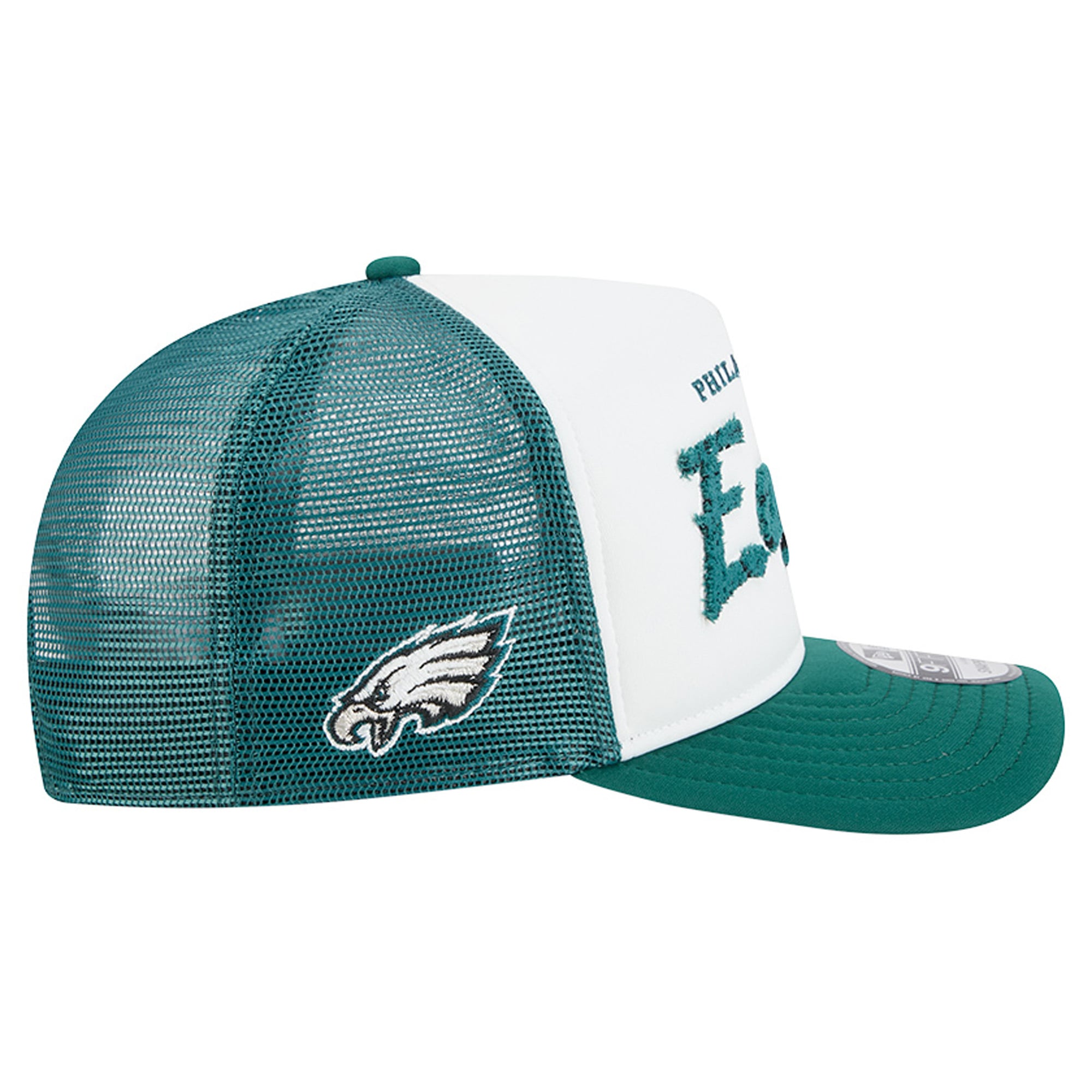 Men's New Era White/Midnight Green Philadelphia Eagles Foam A-Frame 9FIFTY Snapback Trucker Hat