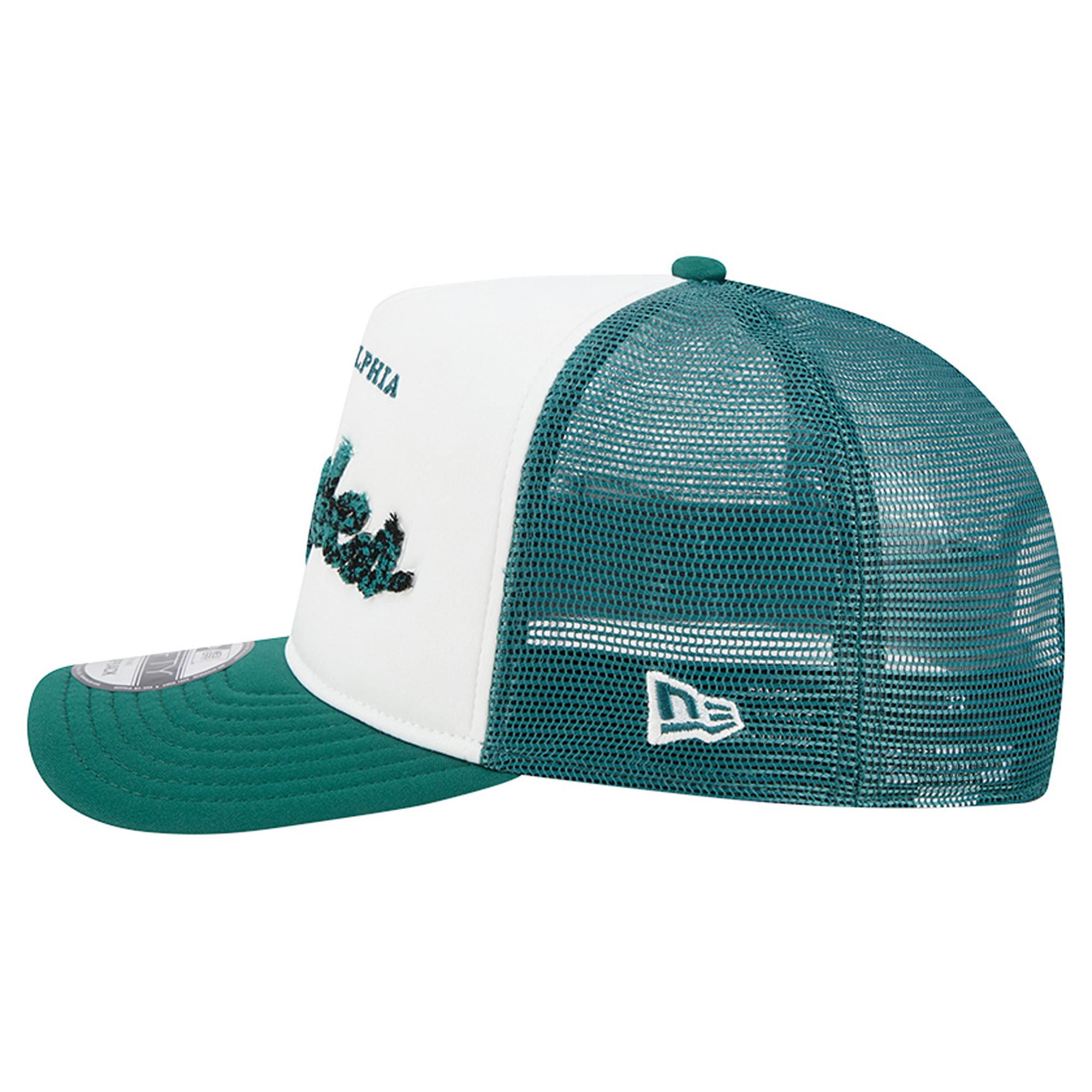 Men's New Era White/Midnight Green Philadelphia Eagles Foam A-Frame 9FIFTY Snapback Trucker Hat