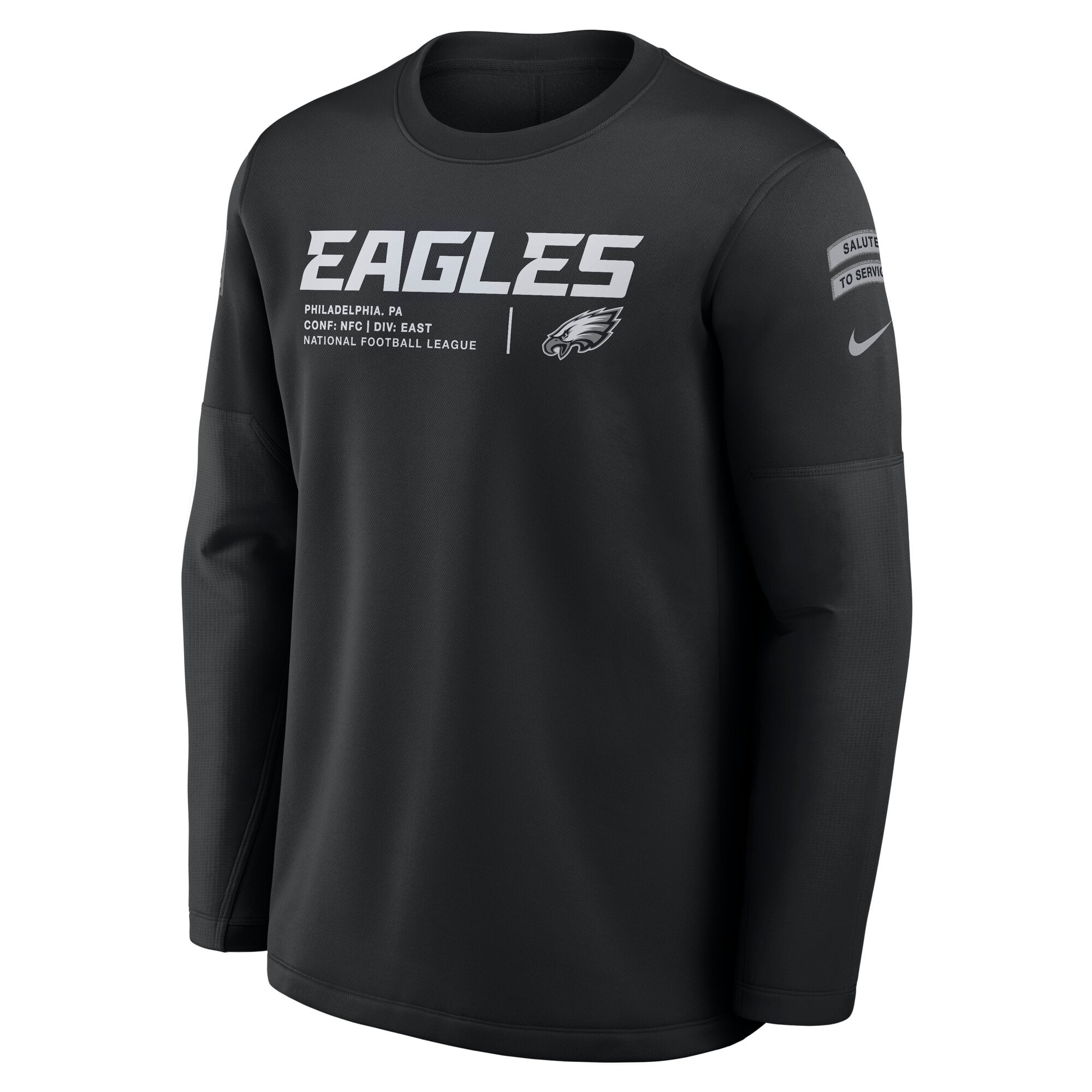 Sweat-shirt Nike noir pour homme Philadelphia Eagles 2026 Salute to Service Sideline Coaches à col rond et coupe Therma-FIT