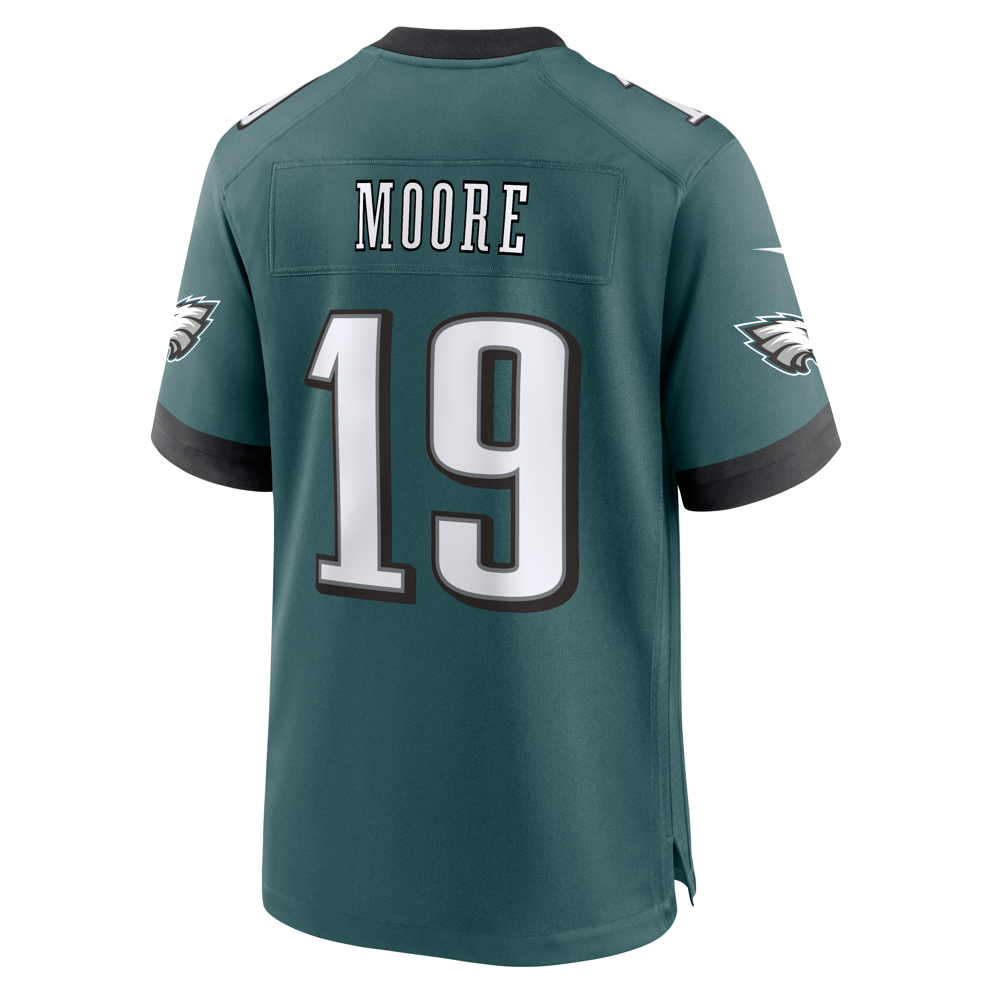 Maillot de match Nike Elijah Moore vert nuit des Eagles Philadelphie pour homme