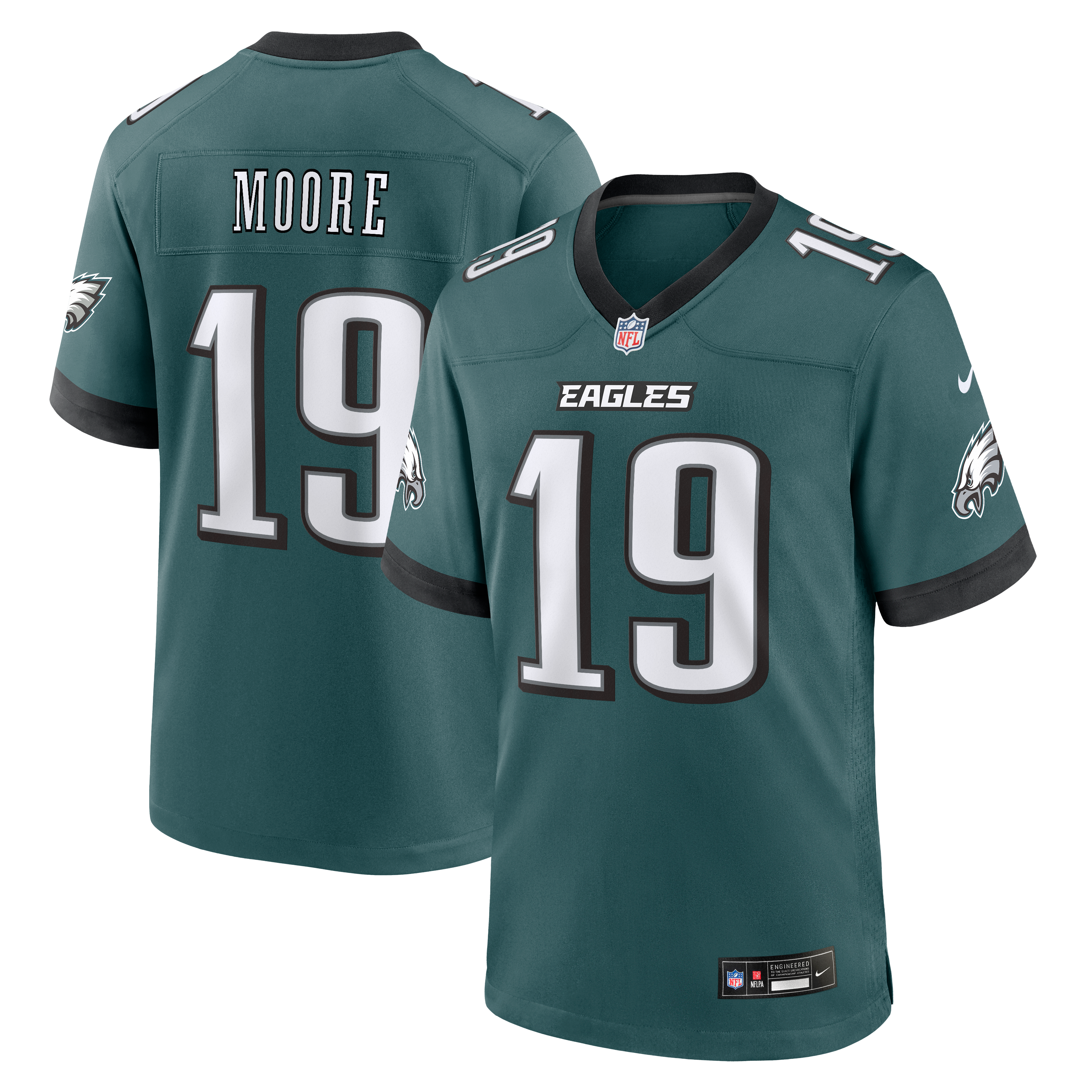Maillot de match Nike Elijah Moore vert nuit des Eagles Philadelphie pour homme