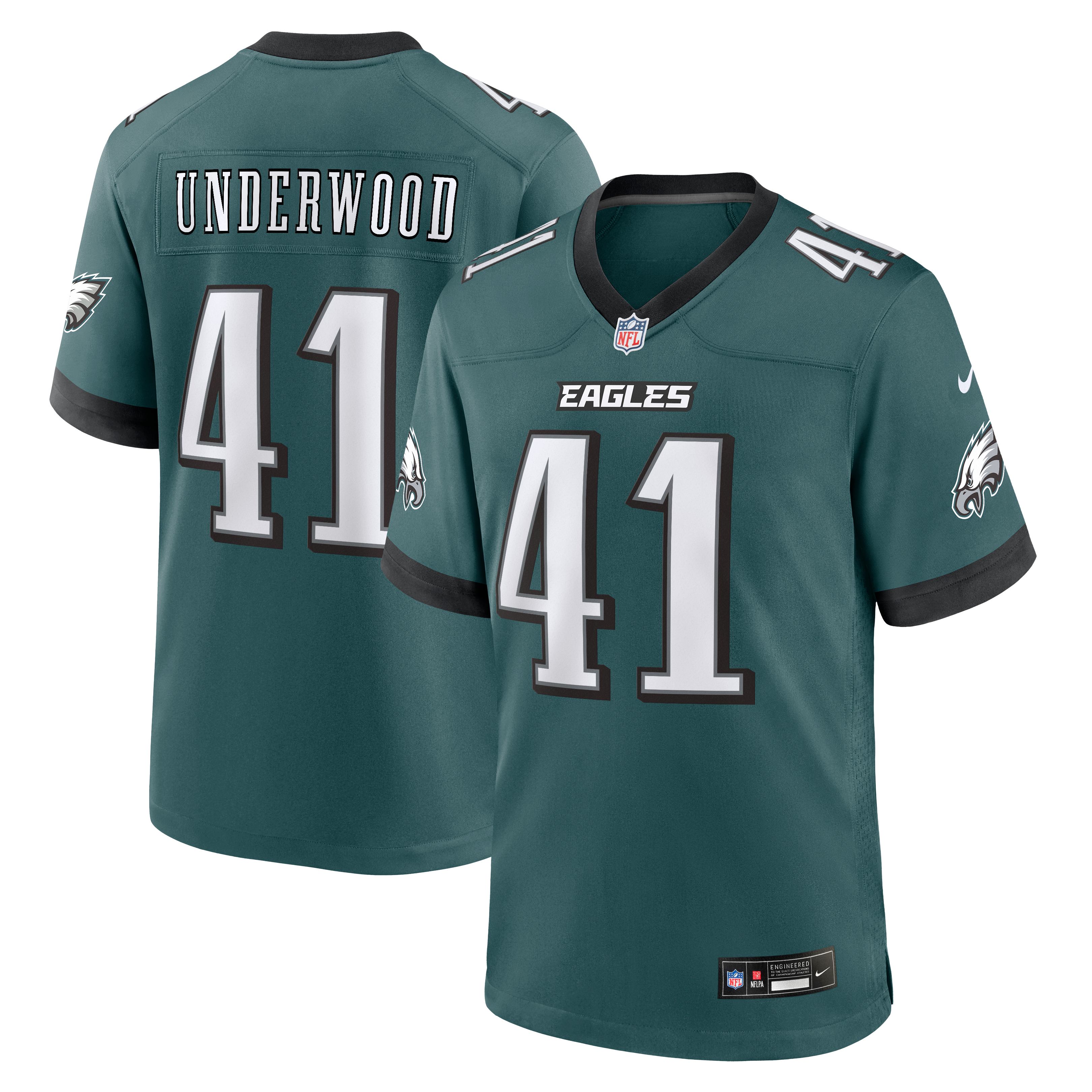 Maillot de match Nike Rocco Underwood vert nuit des Eagles Philadelphie pour homme