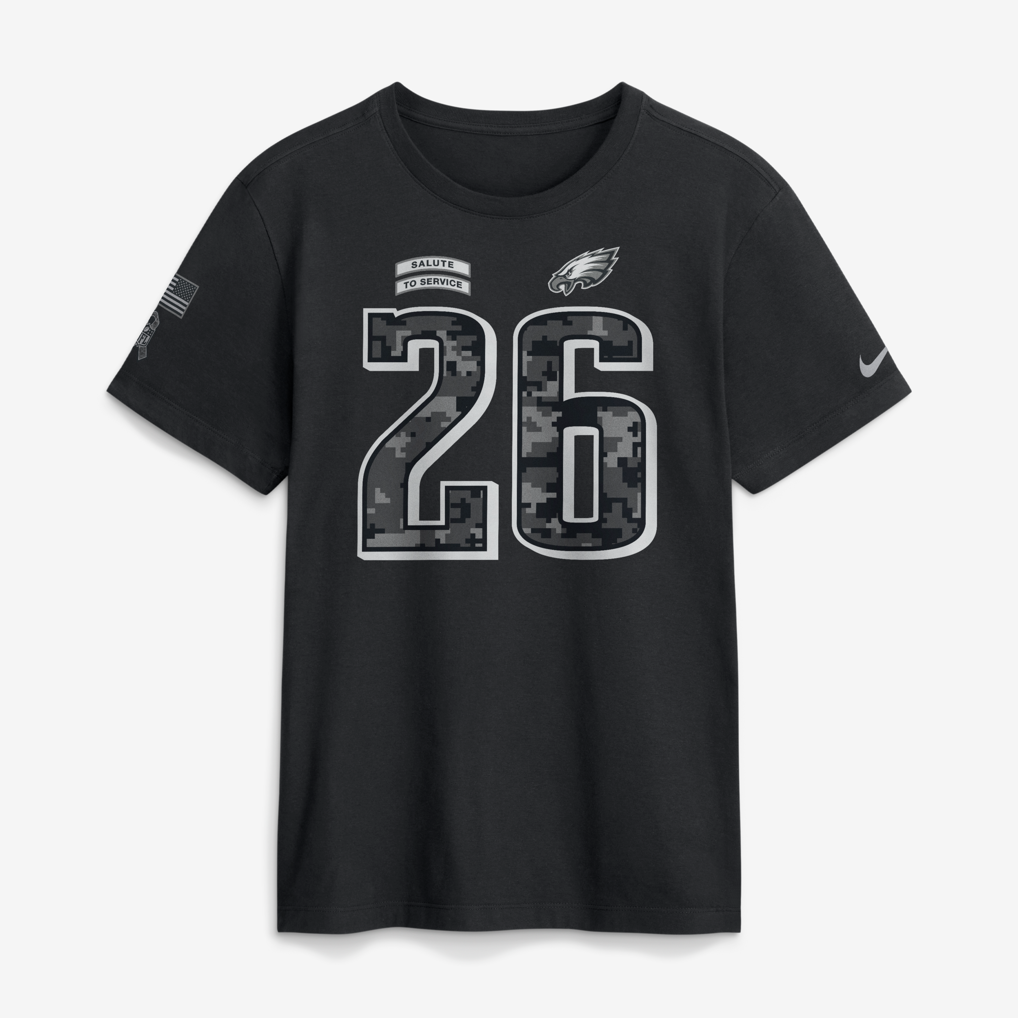 T-shirt Nike Saquon Barkley noir Philadelphia Eagles 2026 Salute to Service pour homme, avec nom et numéro