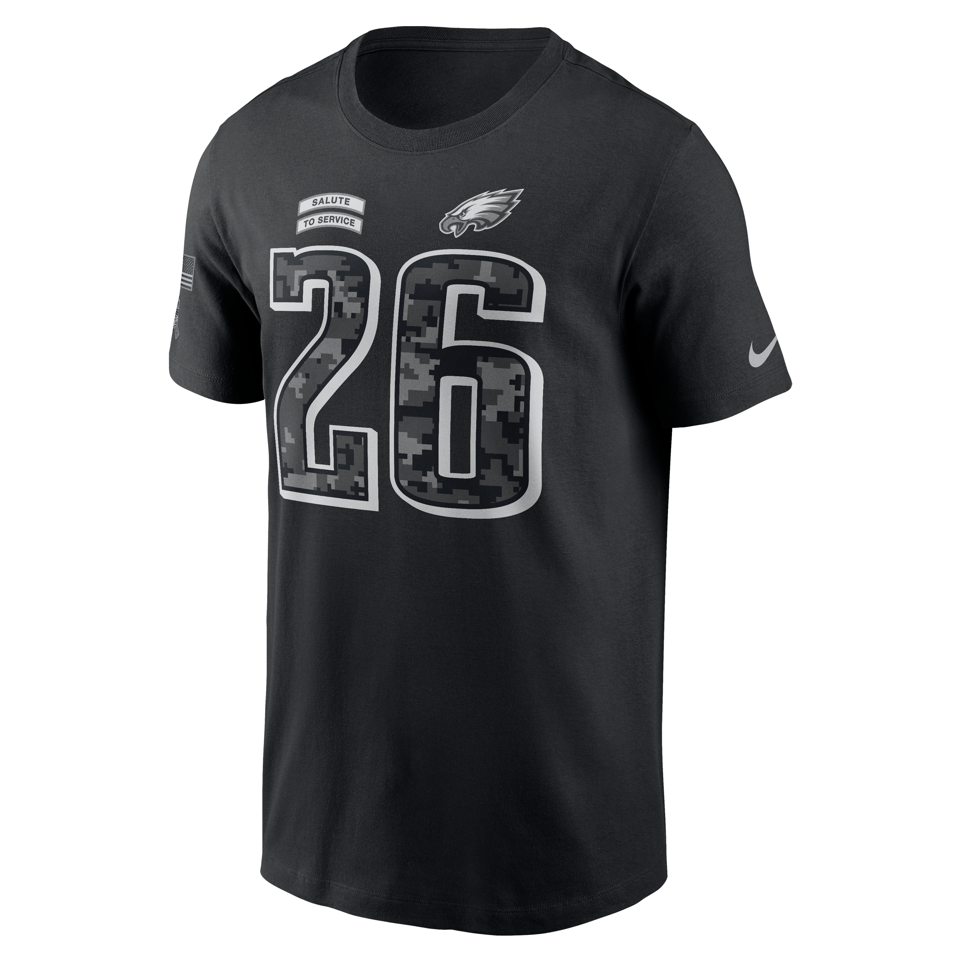 T-shirt Nike Saquon Barkley noir Philadelphia Eagles 2026 Salute to Service pour homme, avec nom et numéro