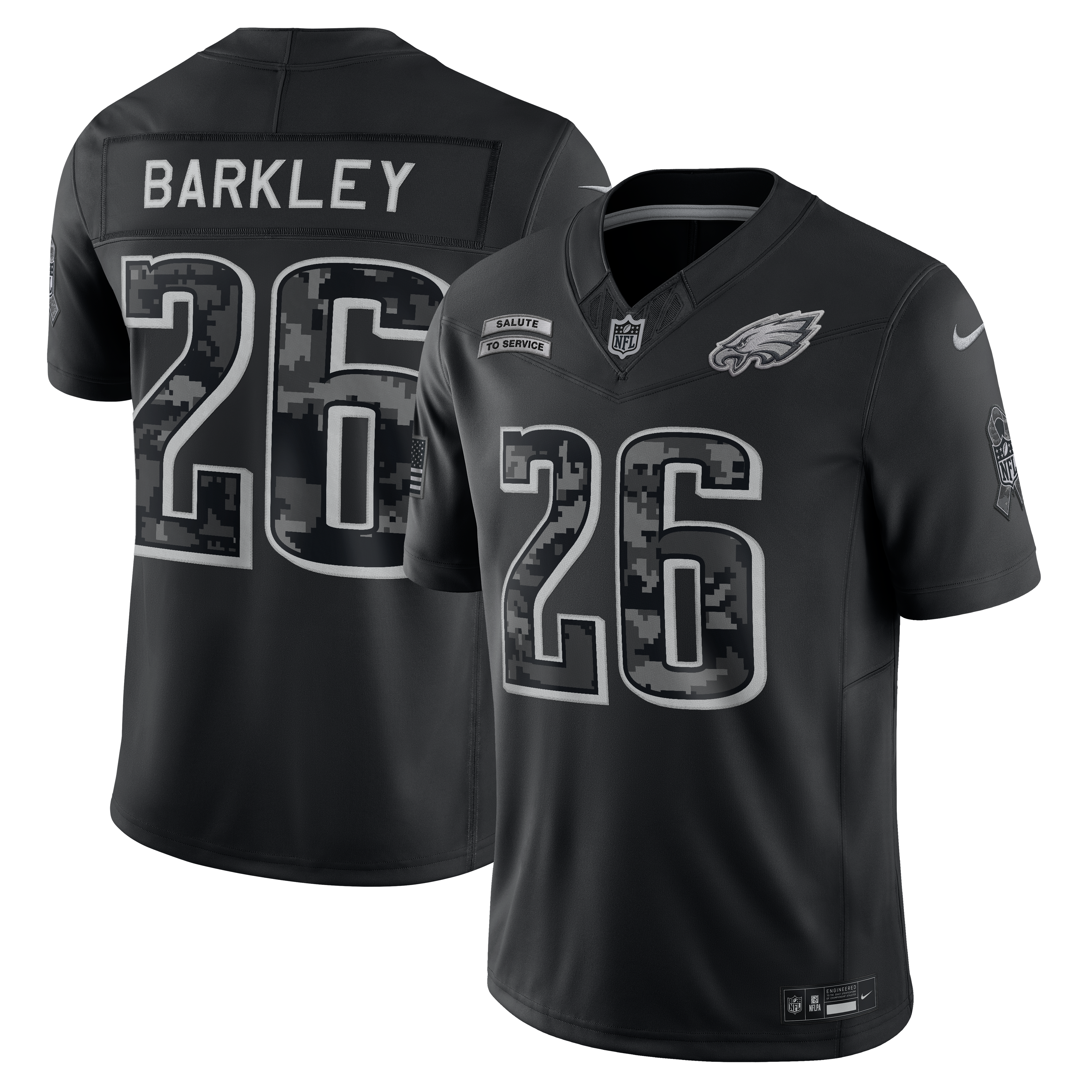 Maillot Nike Saquon Barkley noir Philadelphia Eagles 2026 Salute to Service, édition limitée cousue