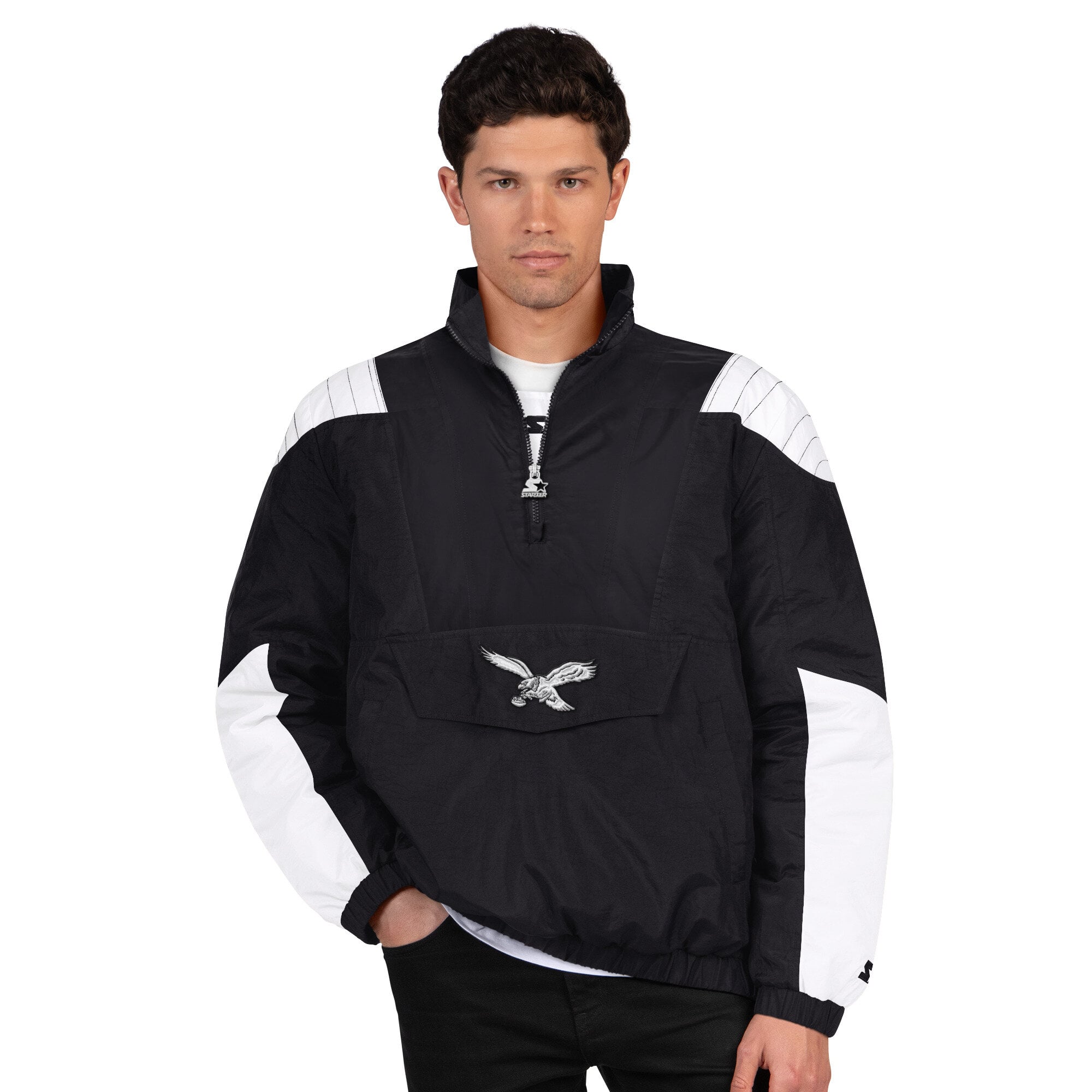Veste Starter noire pour homme, style rétro Philadelphia Eagles, à demi-zip