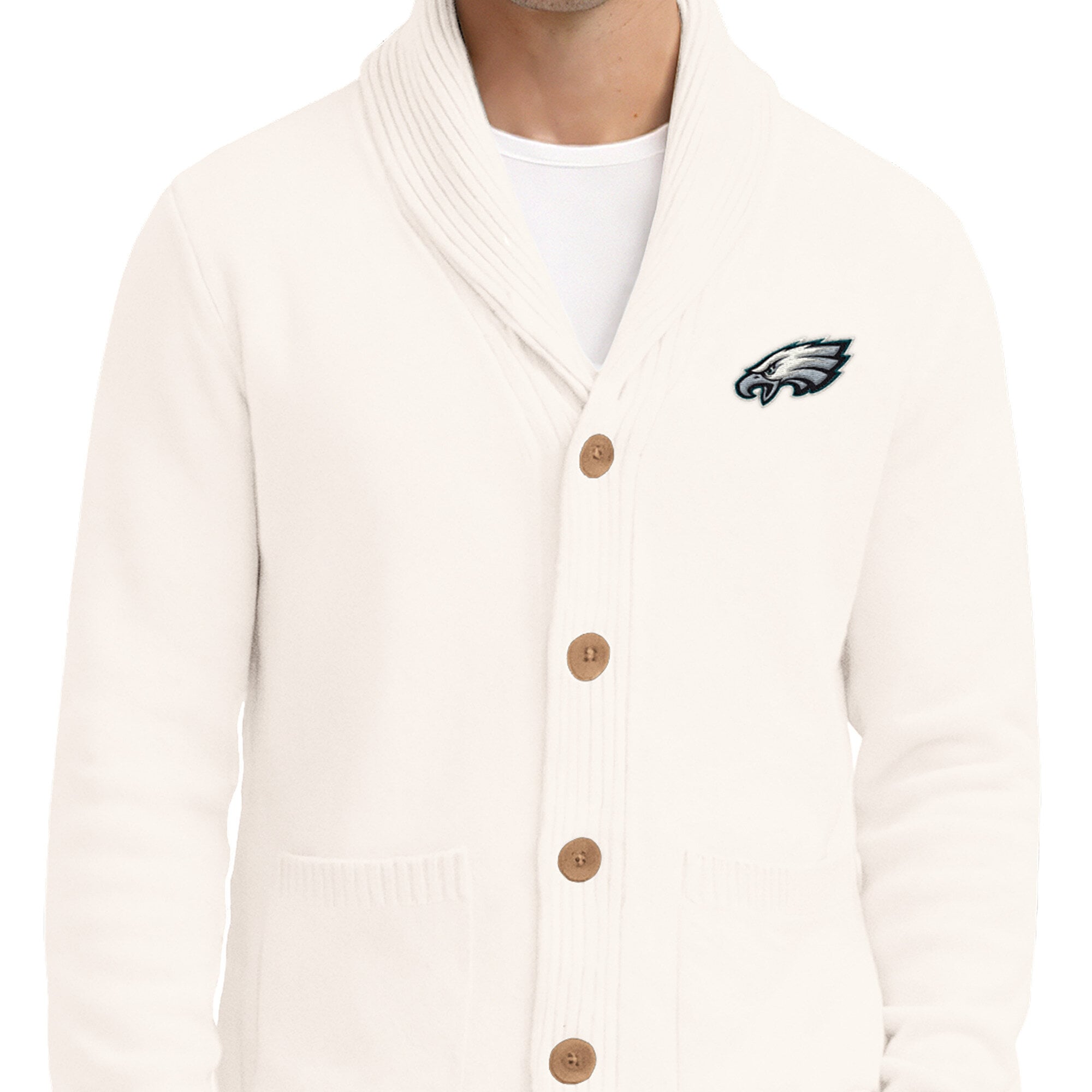 Gilet cardigan épais en maille crème à col châle Philadelphia Eagles pour homme