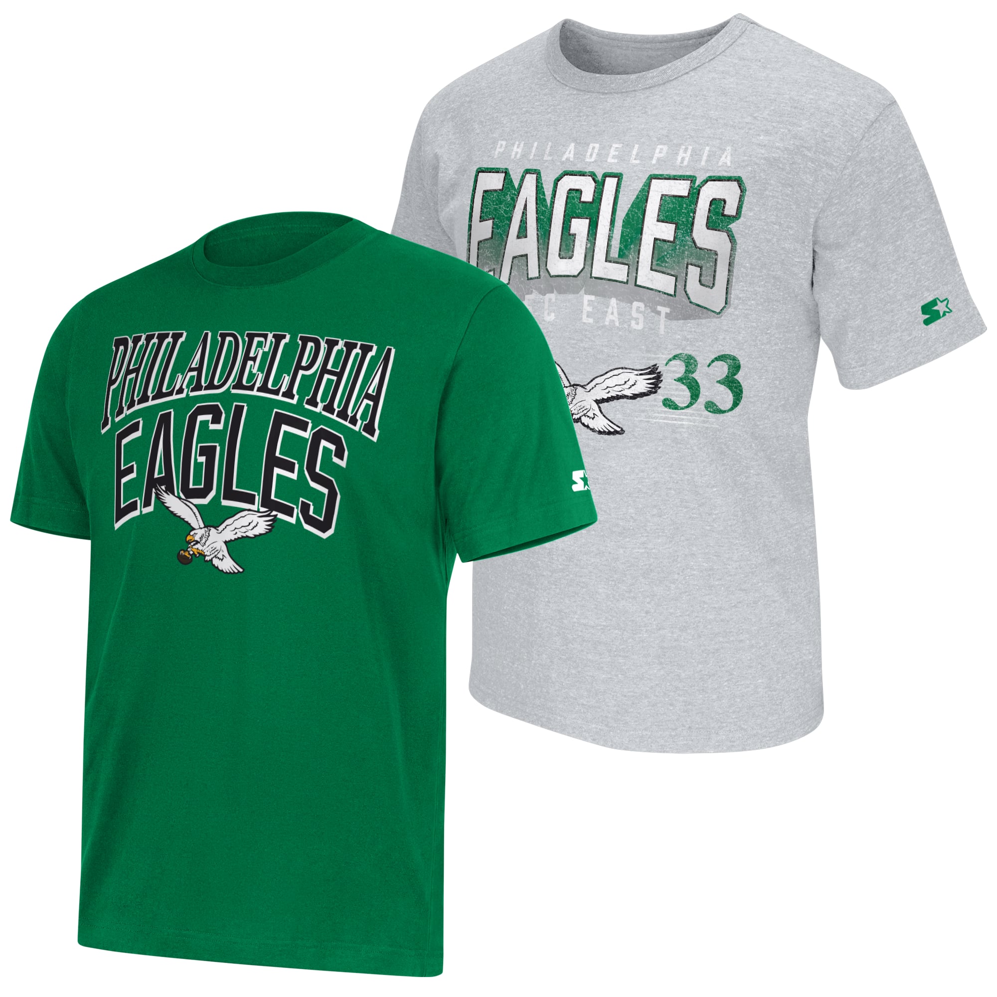 Lot de deux t-shirts Starter pour homme, vert Kelly/gris chiné, Philadelphia Eagles, logo rétro