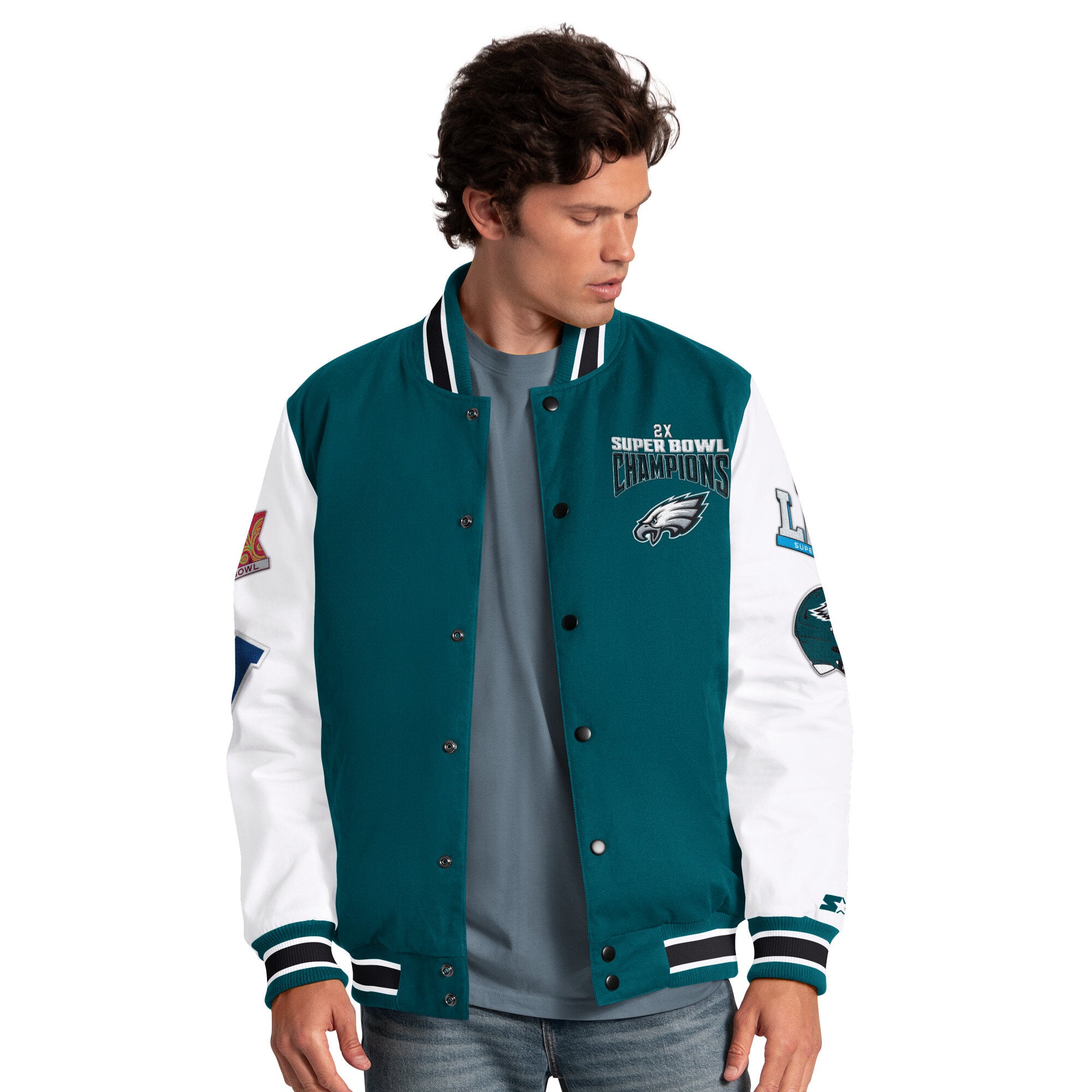 Veste universitaire Starter Midnight Green Philadelphia Eagles Playoffs pour homme, fermeture à boutons-pression.