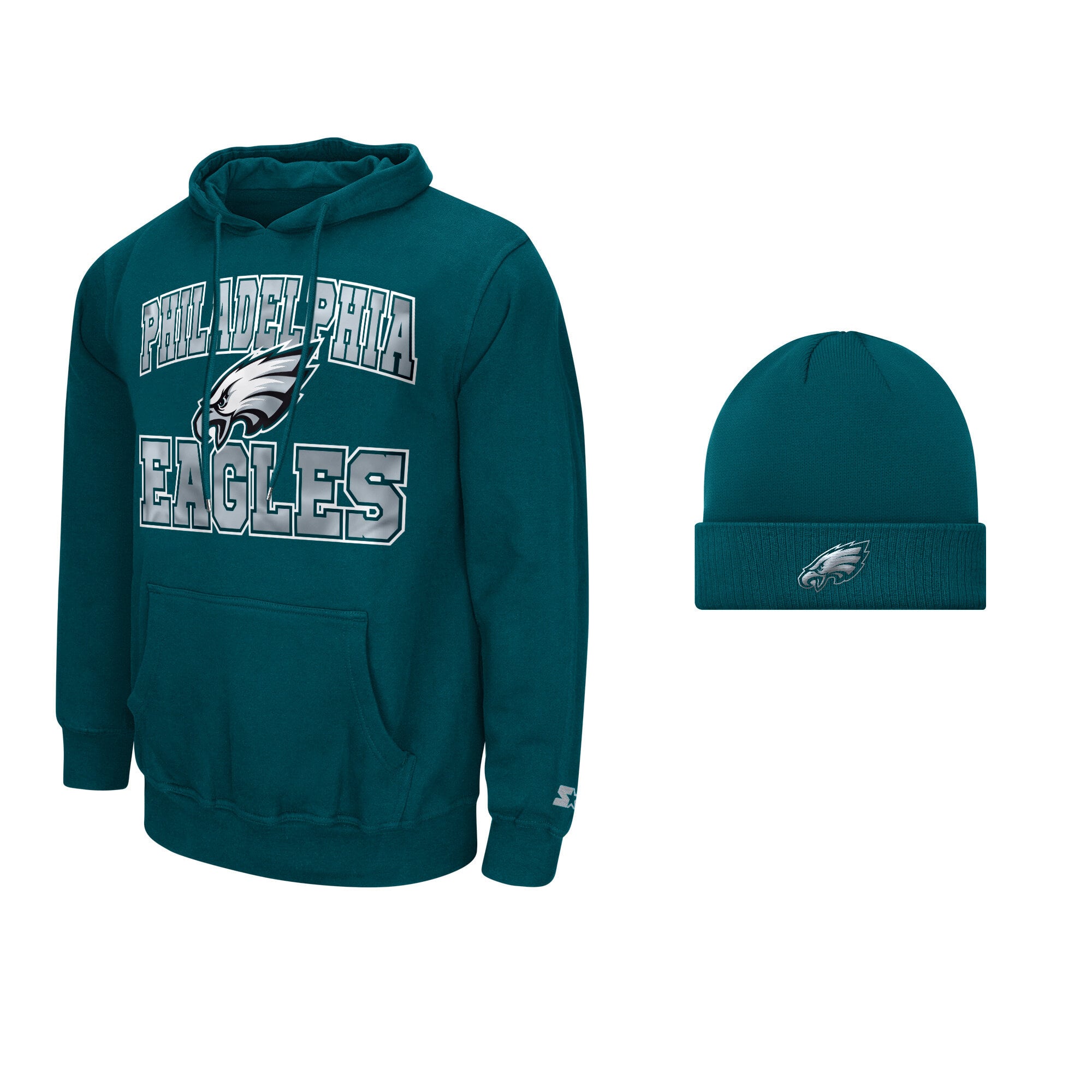 Ensemble sweat à capuche et bonnet deux pièces Starter vert nuit pour homme, Philadelphia Eagles